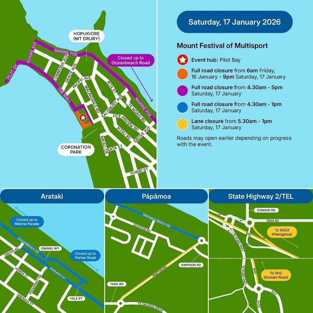  Several road closures will be in place across Mount Maunganui and Pāpāmoa. Image / Tauranga City Council