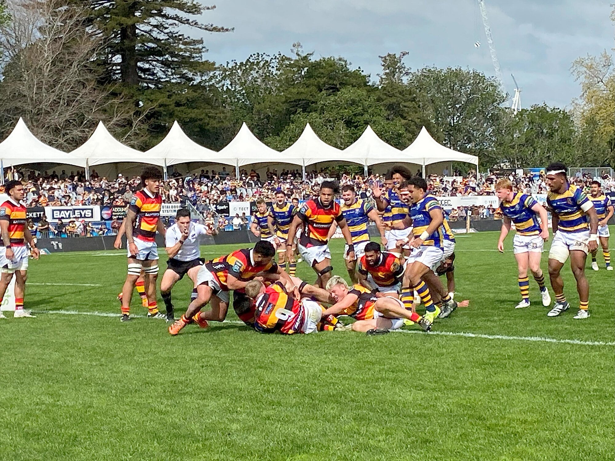 Josh Bartlett planted the ball next to the posts, but Bay of Plenty were denied the try after the referee checked and found that Ah Kuoi had knocked it on prior to scooping it up. Photo / Rosalie Liddle Crawford