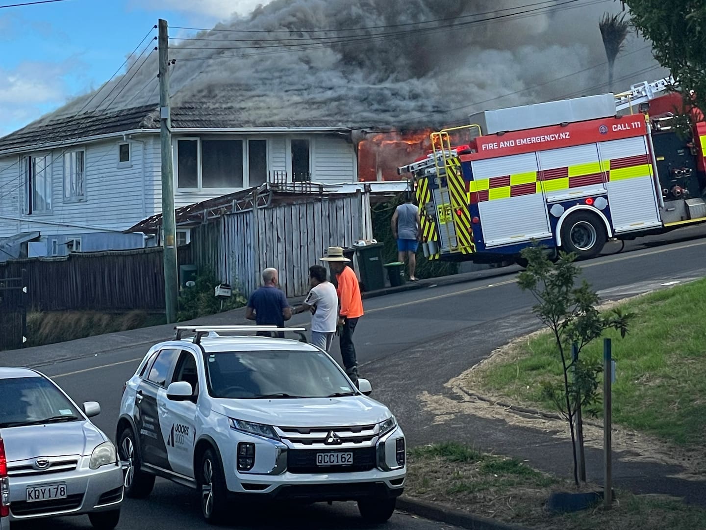 A fire engine at a house fire on Whitney St, New Windsor, Auckland. Photo / Mark Roberts