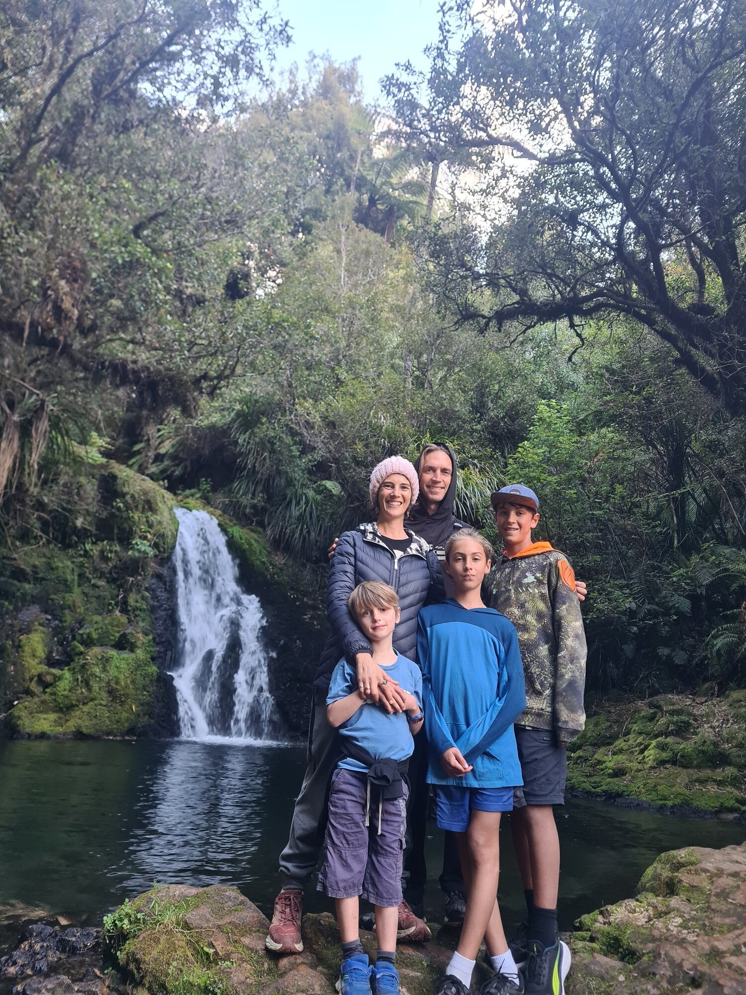  Ezra, Kylie, Anton, Judah and Malachi Steel at the Ōtanewainuku Falls. Photo/Supplied.