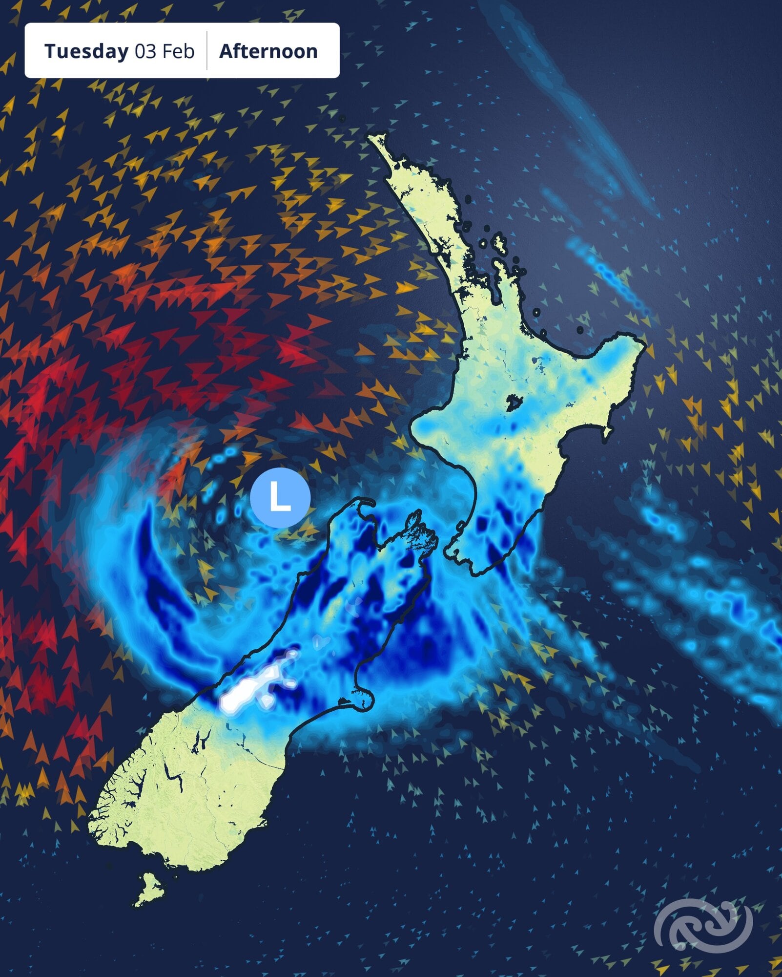A low is expected to circle the South Island on Tuesday. Image / MetService