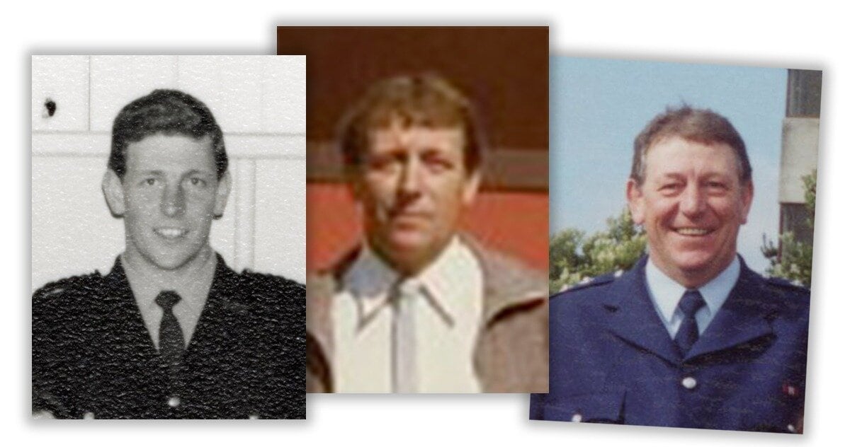 Recruit Graham Bell in 1968; at an advanced drug investigators’ course in 1986; and an inspectors’ qualifying course in 1996. Photo / Police Ten One Magazine