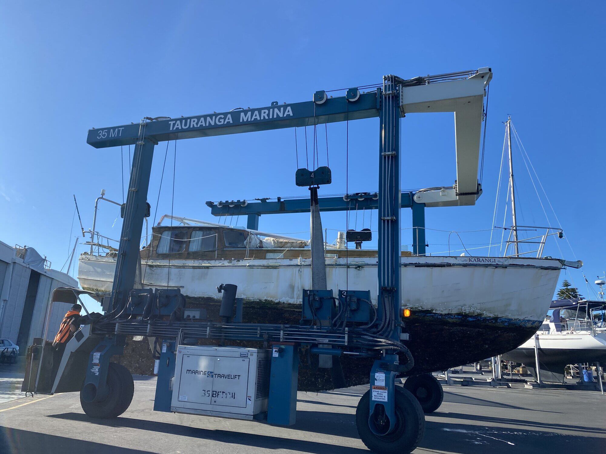  The Karangi was taken out of the water using Tauranga Marina’s travel lift before being cut up into scrap.  Photo / Rosalie Liddle Crawford
