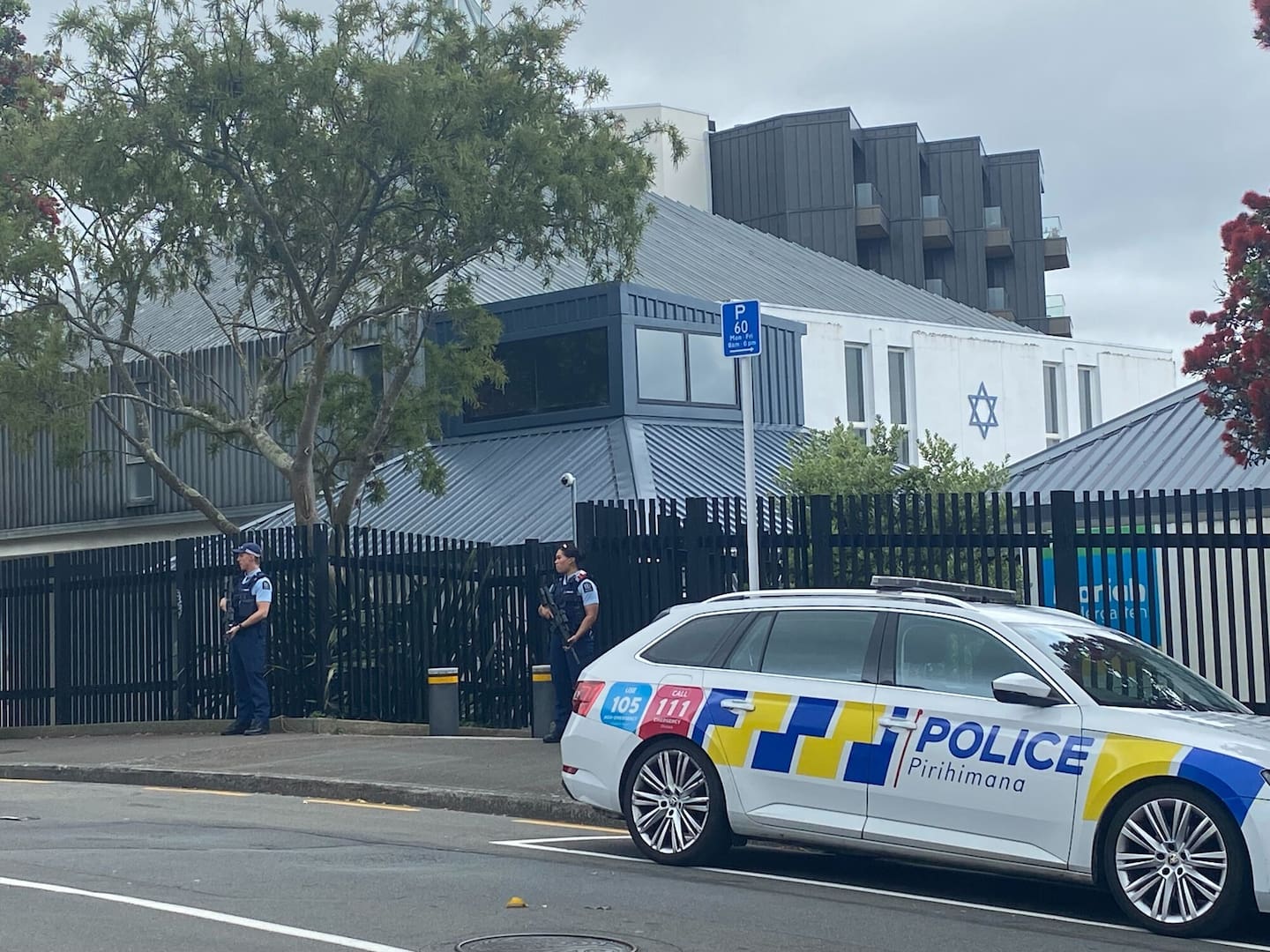 Armed police were standing guard outside Wellington's Holocaust Centre of New Zealand on Monday. Photo / Ethan Manera