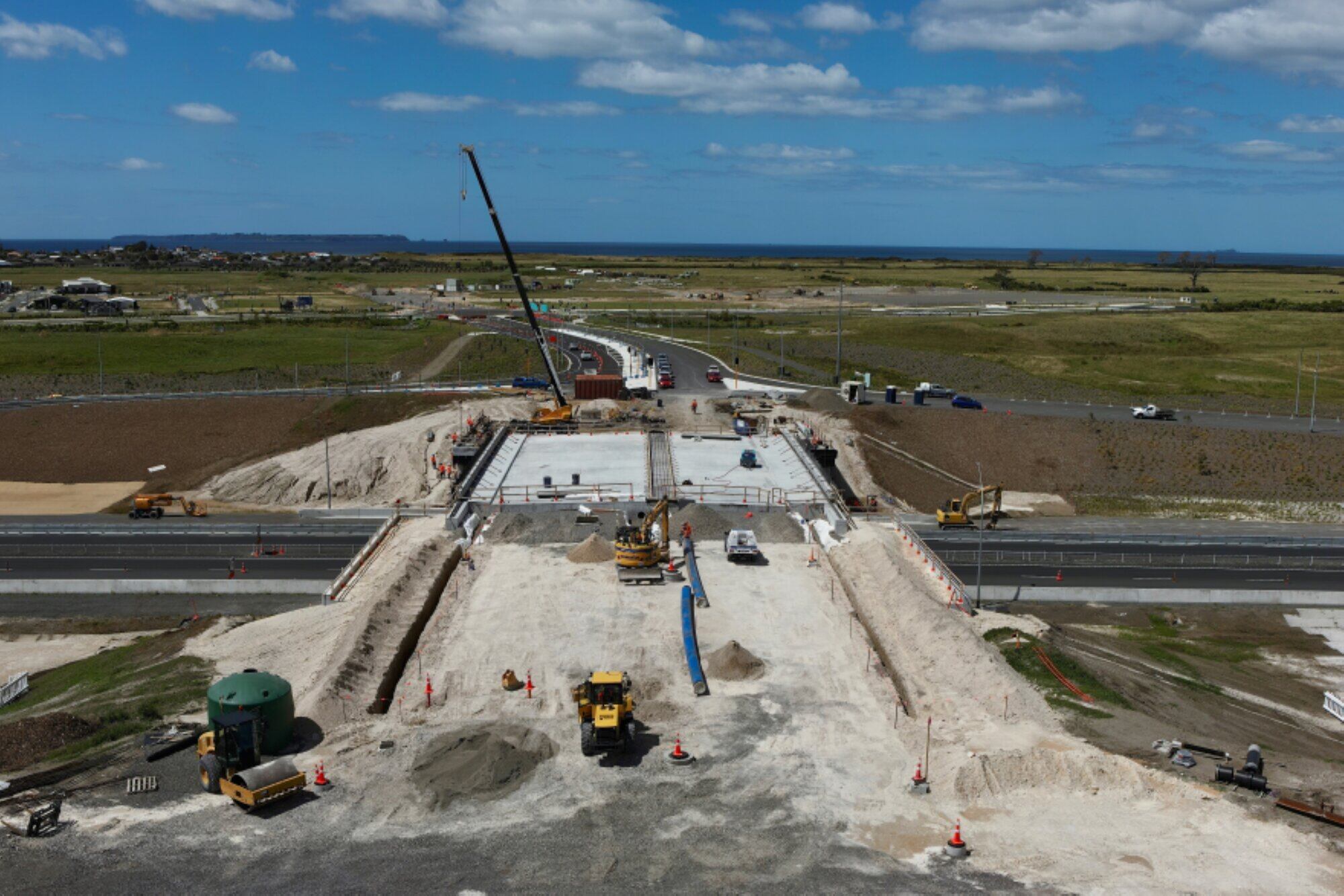 A view of construction from the south side of the bridge on the Pāpāmoa East interchange pictured in December 2025.