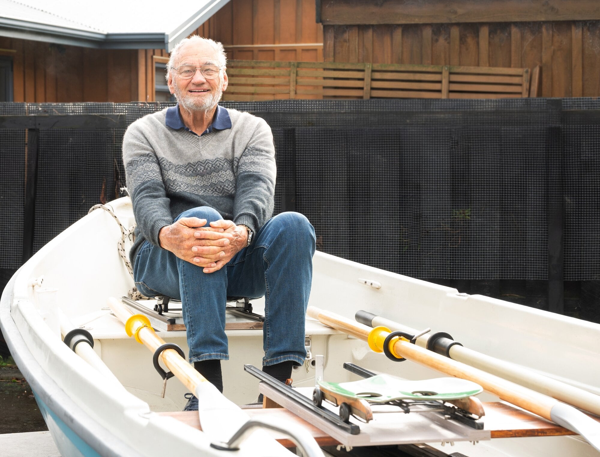 David Stubbs, 87, has rowed 33.3km with his son Steve from Pilot Bay to Bowentown in his five-metre Finnish-made dinghy.  Photo / Brydie Thompson.
