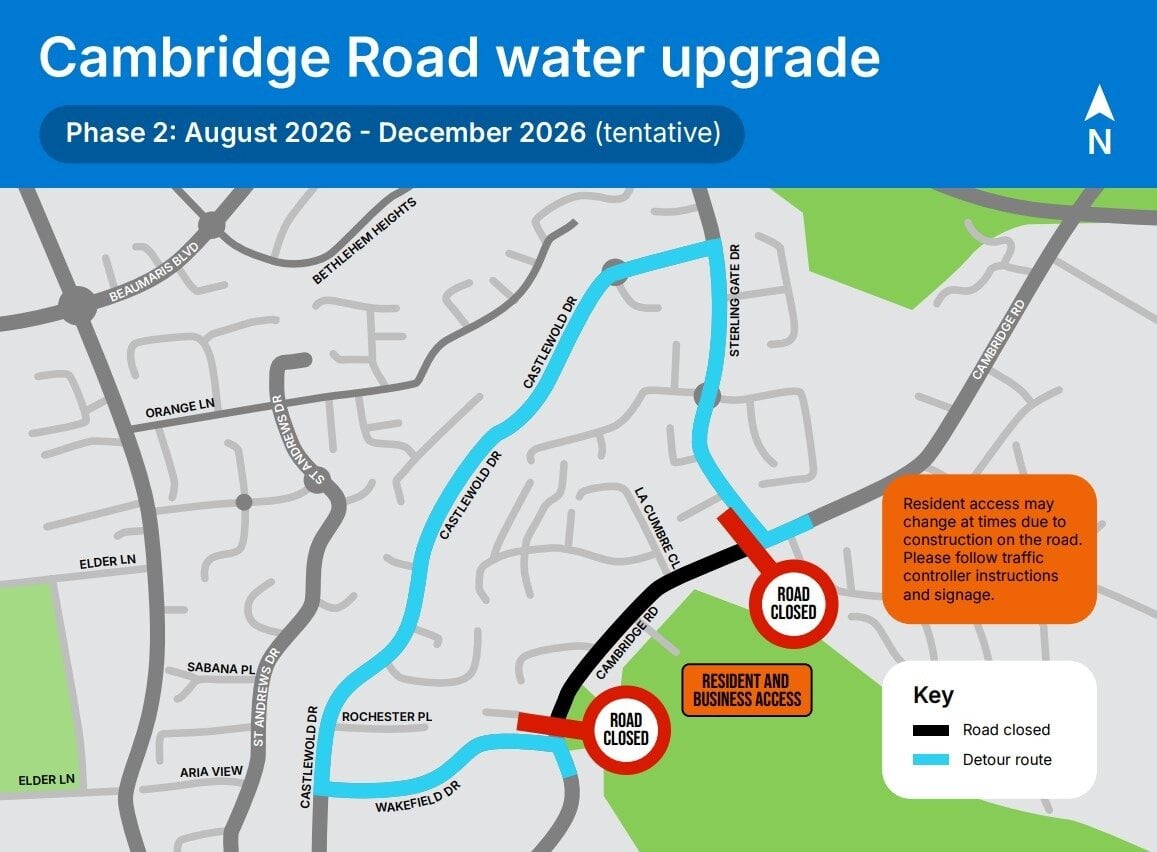  A map showing phase two of the Cambridge Rd water upgrade road closure plan. Image / Tauranga City Council
