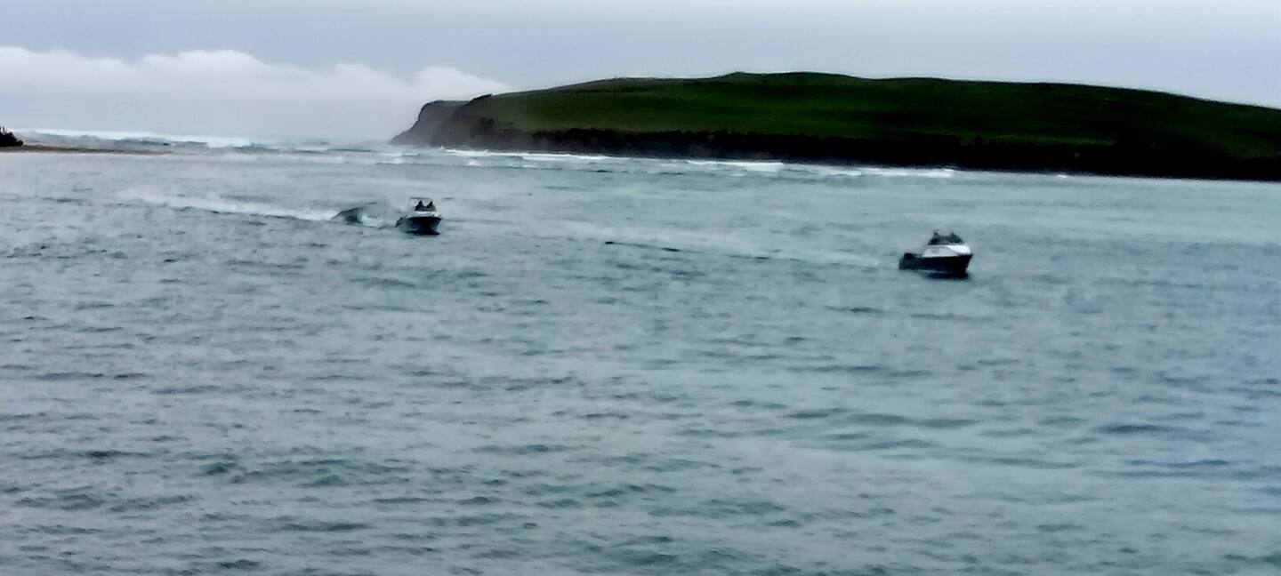 Boats return along the Catlins River today after a vessel overturned with one person missing and another rescued and taken to hospital. Photo / Ester Johnson, Surat Bay Lodge