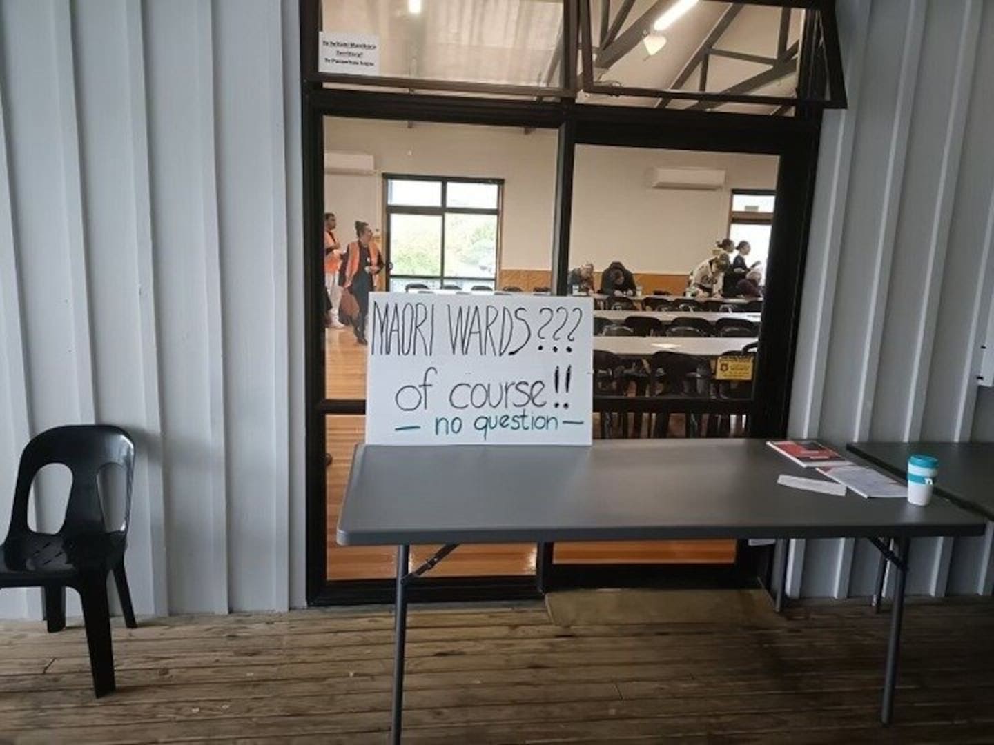 A handmade sign near a voting venue at Whangarei's NorthTec.