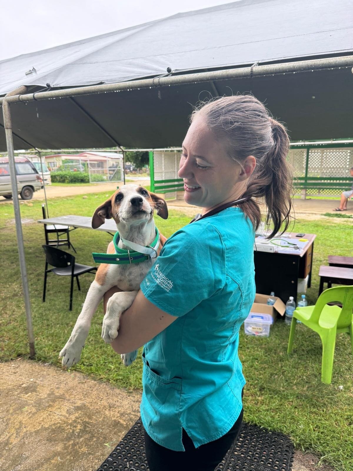 Mariska Chalmers looks over a puppy before it's desexed during her 2024 Spaw volunteer trip to Tonga.