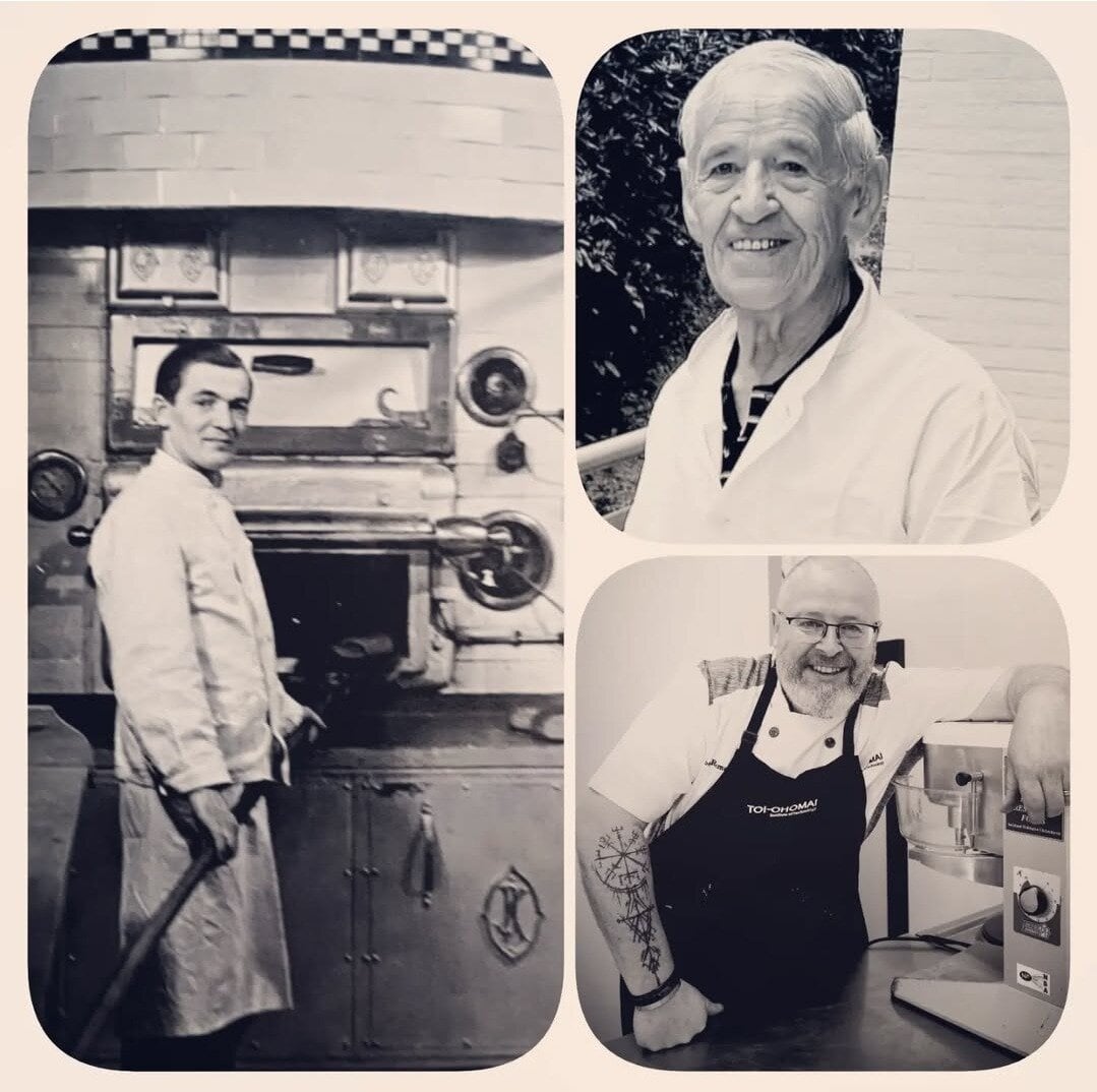 The three generations of Belgian bakers in the Remacle family – from left Jean Remacle, Jean-Pierre Remacle and Noel Remacle, who now lives in Tauranga. Photo / Supplied