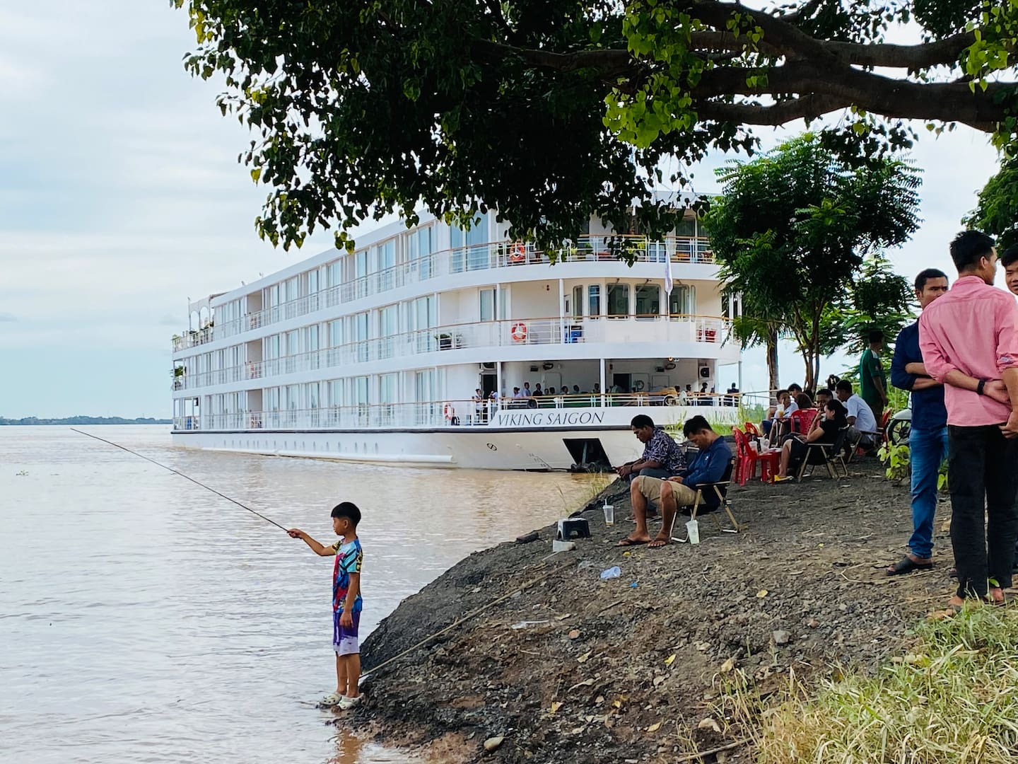 The Viking Saigon riverboat on the shores of the Mekong at Kampong Cham in Cambodia.