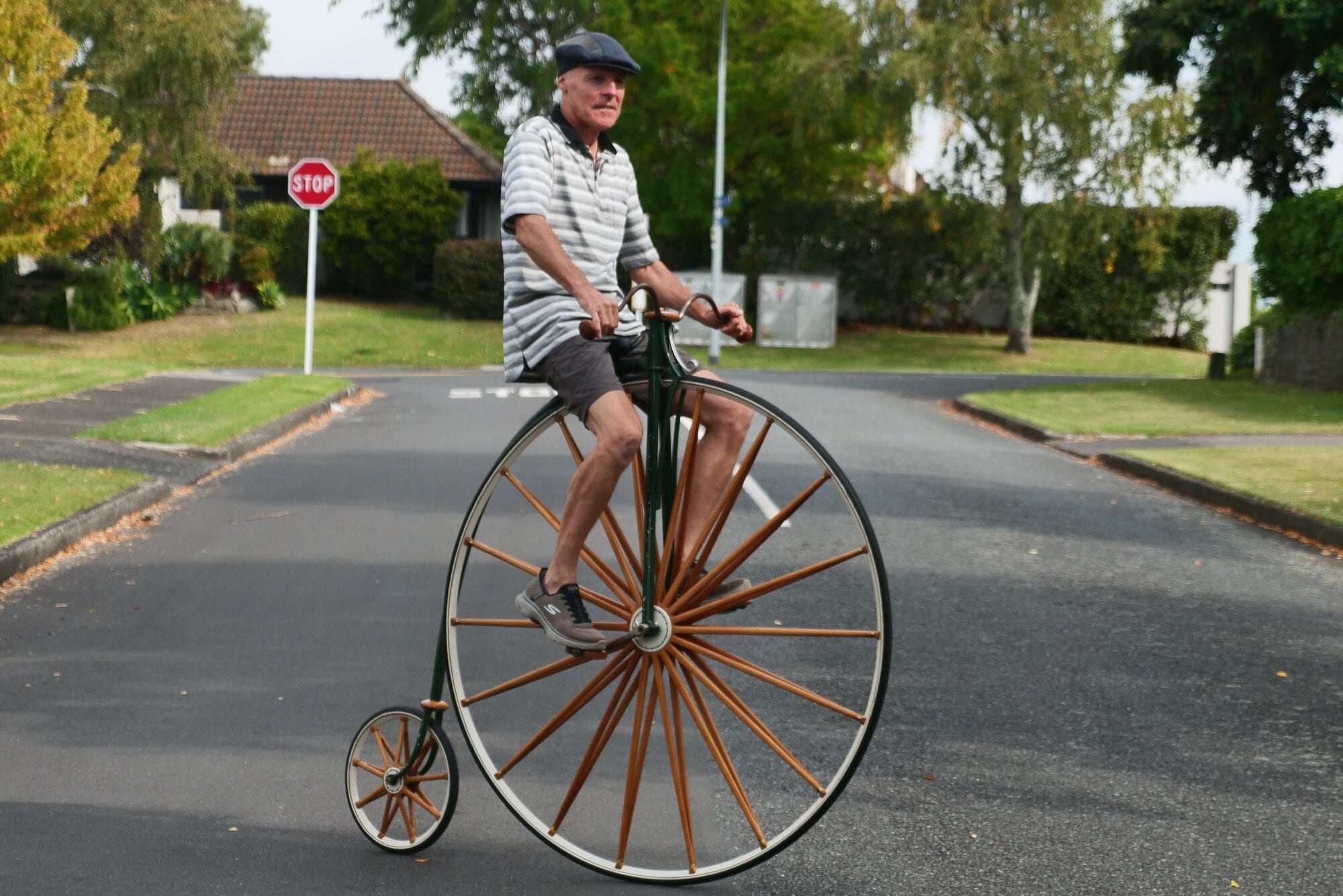  Hoekstra with his self-built penny-farthing bike. Photo / Tom Eley