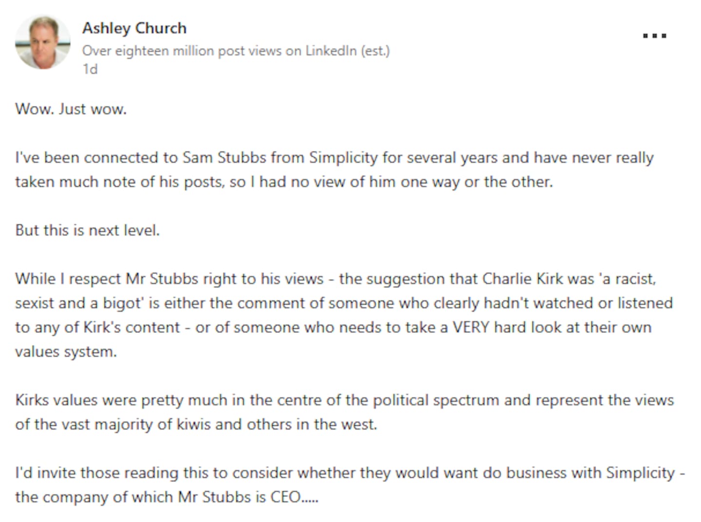 A post Ashley Church made criticising Sam Stubbs' original post about Charlie Kirk.