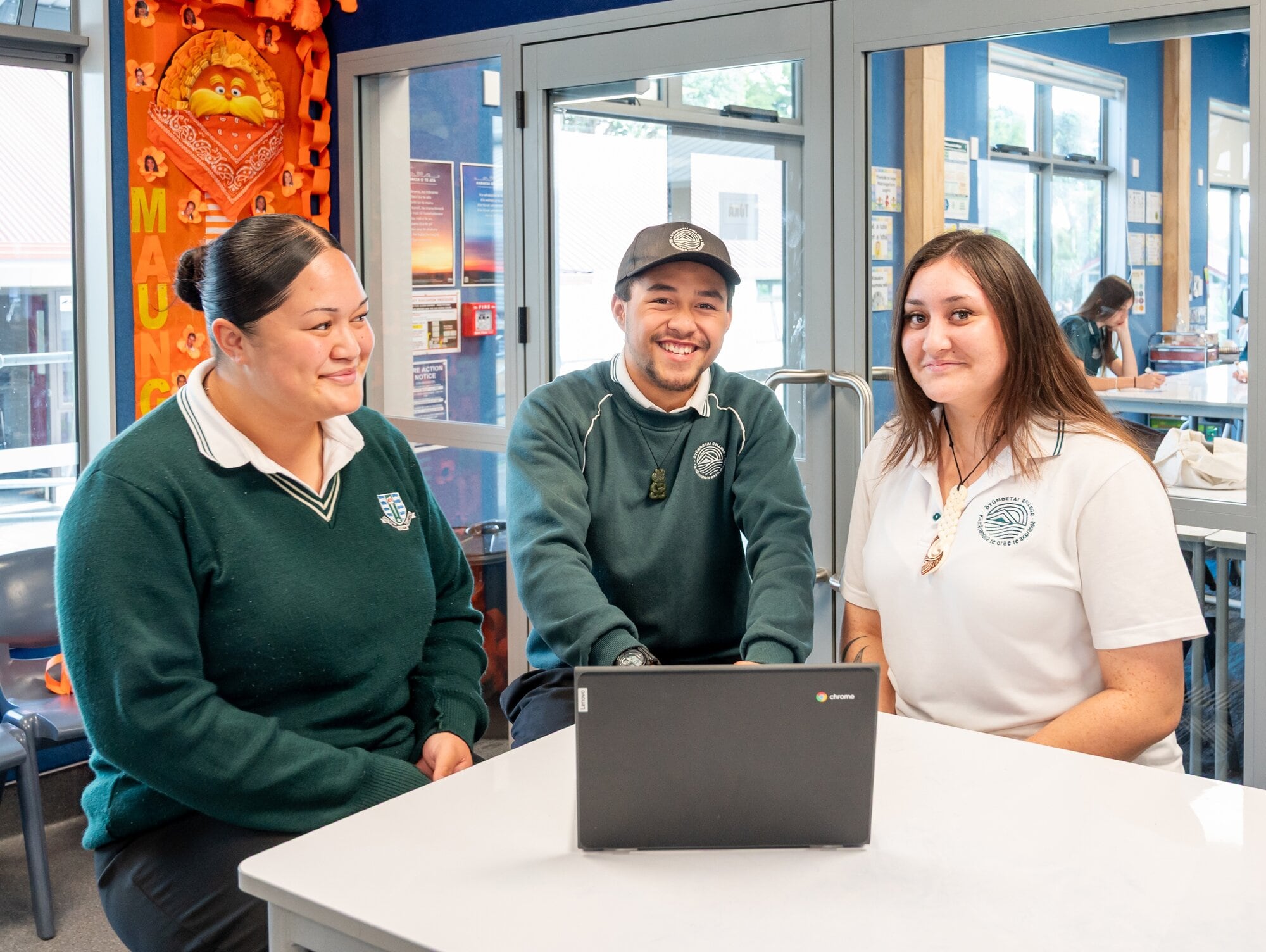 Caylah-marie Tapara 16, Maonga Te Ruku Gallagher Harrison 15 & Parepaora Falwasser-Kipa 16  Caylah-marie Tapara 16, Maonga Te Ruku Gallagher Harrison 15 and Parepaora Falwasser-Kipa 16, in one of the new classrooms.  Photo/ Brydie Thompson.