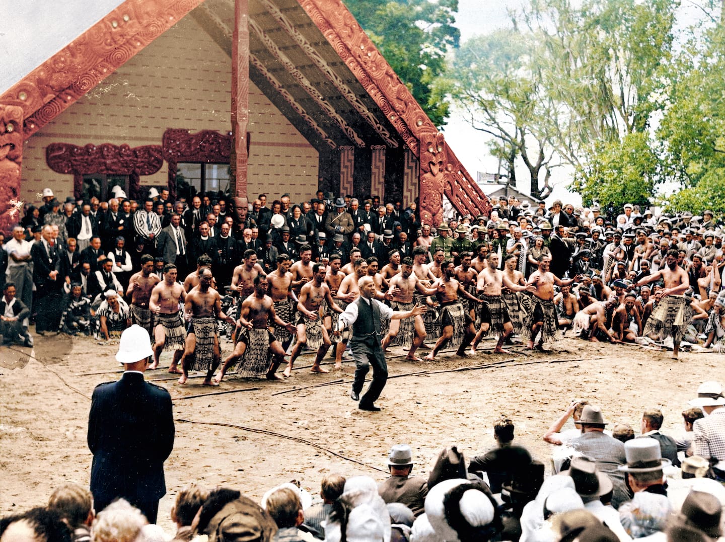 Āpirana Ngata leads the haka at the opening of the wharenui at Waitangi during the centennial celebrations of 1940. Photo / Unknown, Alexander Turnbull Library, MNZ27461/2F
