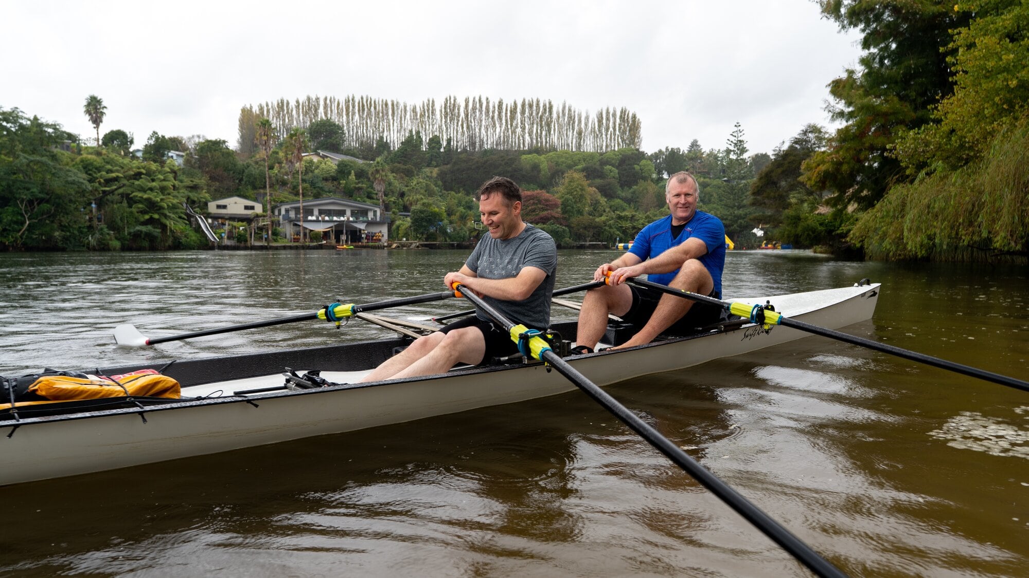 Mayors Mahé Drysdale and James Denyer went rowing on the Wairoa River in April to get people talking about Local Water Done well. Photo / Tauranga City Council