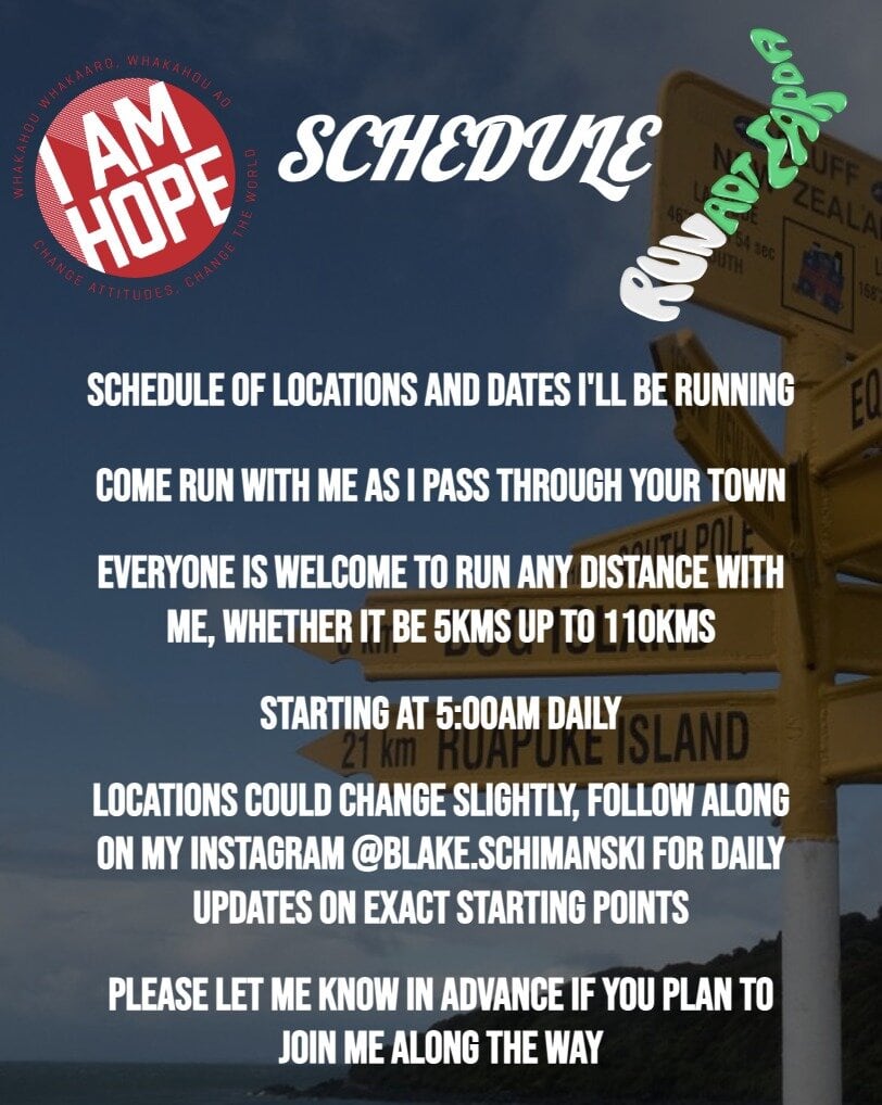 Blake Schimanski is embarking on an extraordinary journey, running from Bluff to Cape Reinga - a gruelling distance of over 2000km - as part of his campaign, Run Aotearoa. Photo / Supplied