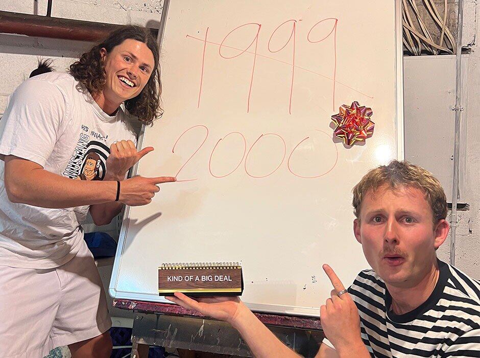  Bryn Fredheim, left, and Ryan Forlong celebrating hitting 2000 followers for Kind of a Big Deal. Photo / Supplied / University of Otago