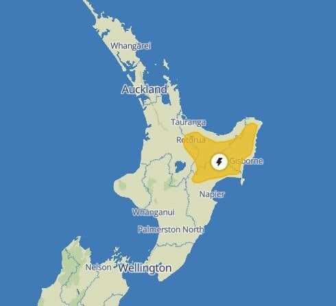  Thunderstorms are forecast for the Bay of Plenty, Rotorua, Taupō, Gisborne, and Hawke&rsquo;s Bay regions this afternoon. Image / MetService