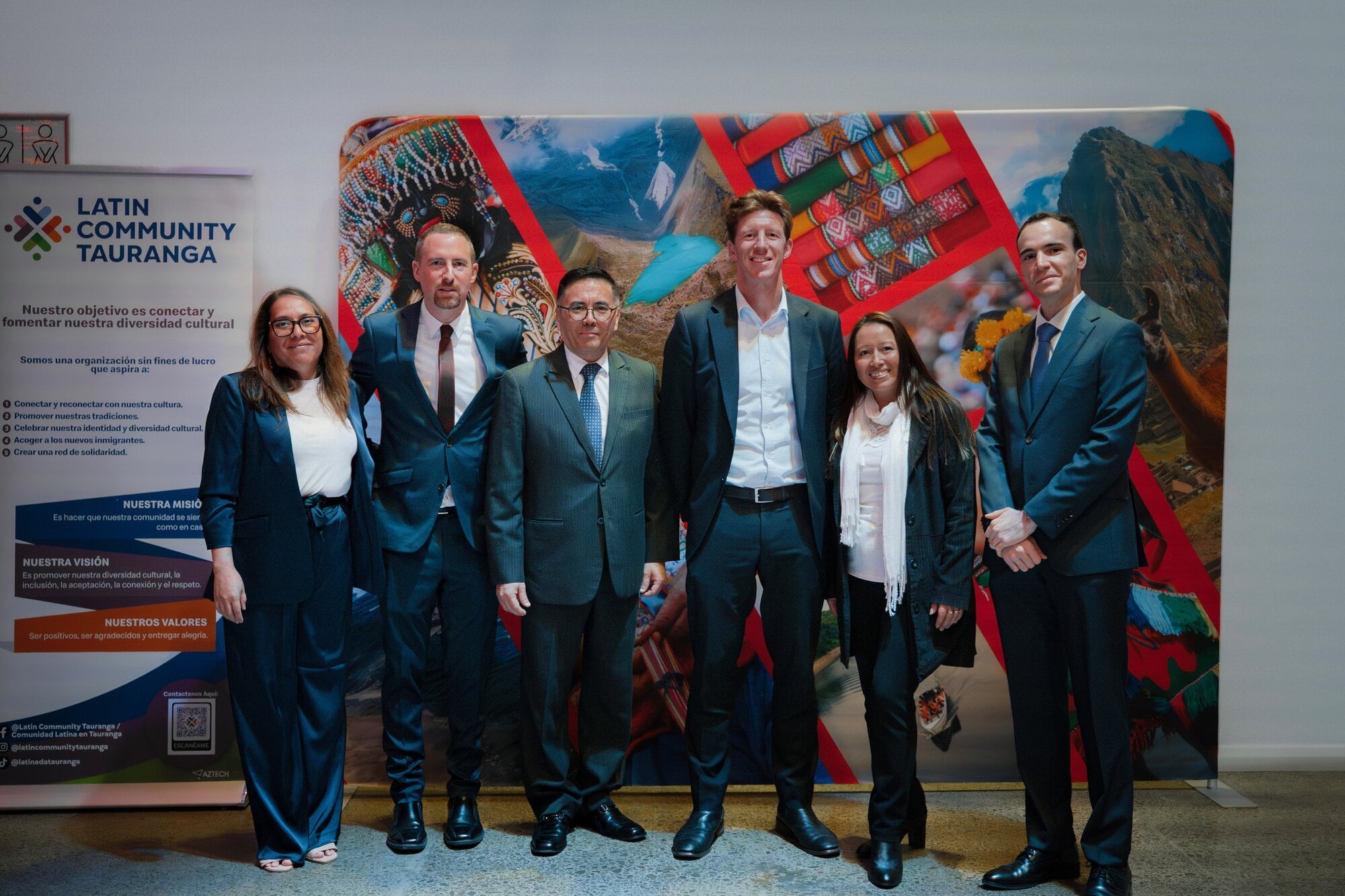 Pictured with Uffindell are from left to right: Astrid Freeman (Vice president of the Latin Community Tauranga), Jason Scott Paulin (Consular Assistant for the Embassy of Peru in New Zealand), Peruvian NZ Ambassador HE José Bustinza, Karen Gibney (president of the Latin Community Tauranga) and Michelangelo Mangiavacchi (Administrative Assistant for Embassy of Peru in New Zealand). Photo / Supplied
