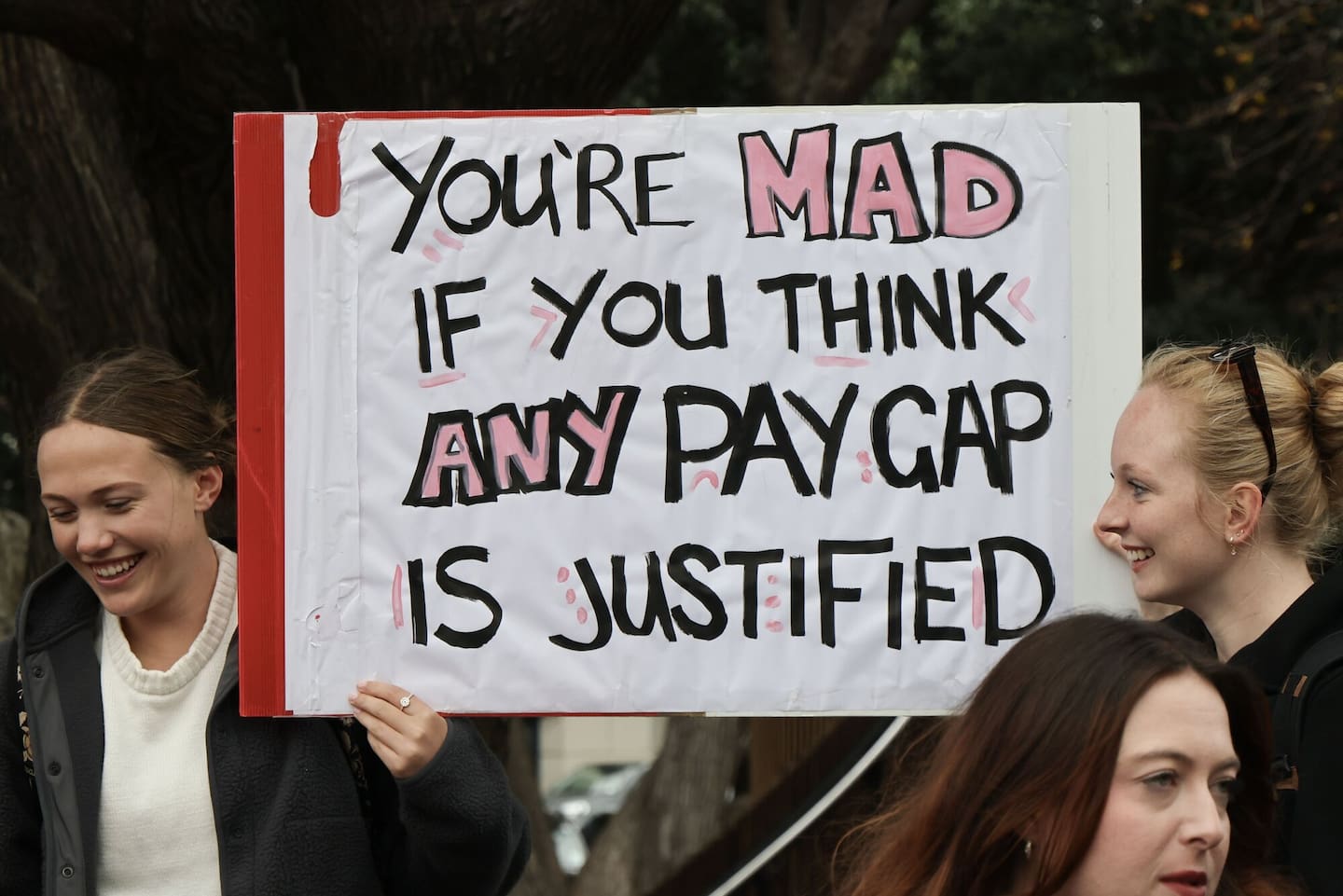 Protestors protest outside Parliament for pay equity for women. Photo / Marty Melville, NZ Herald