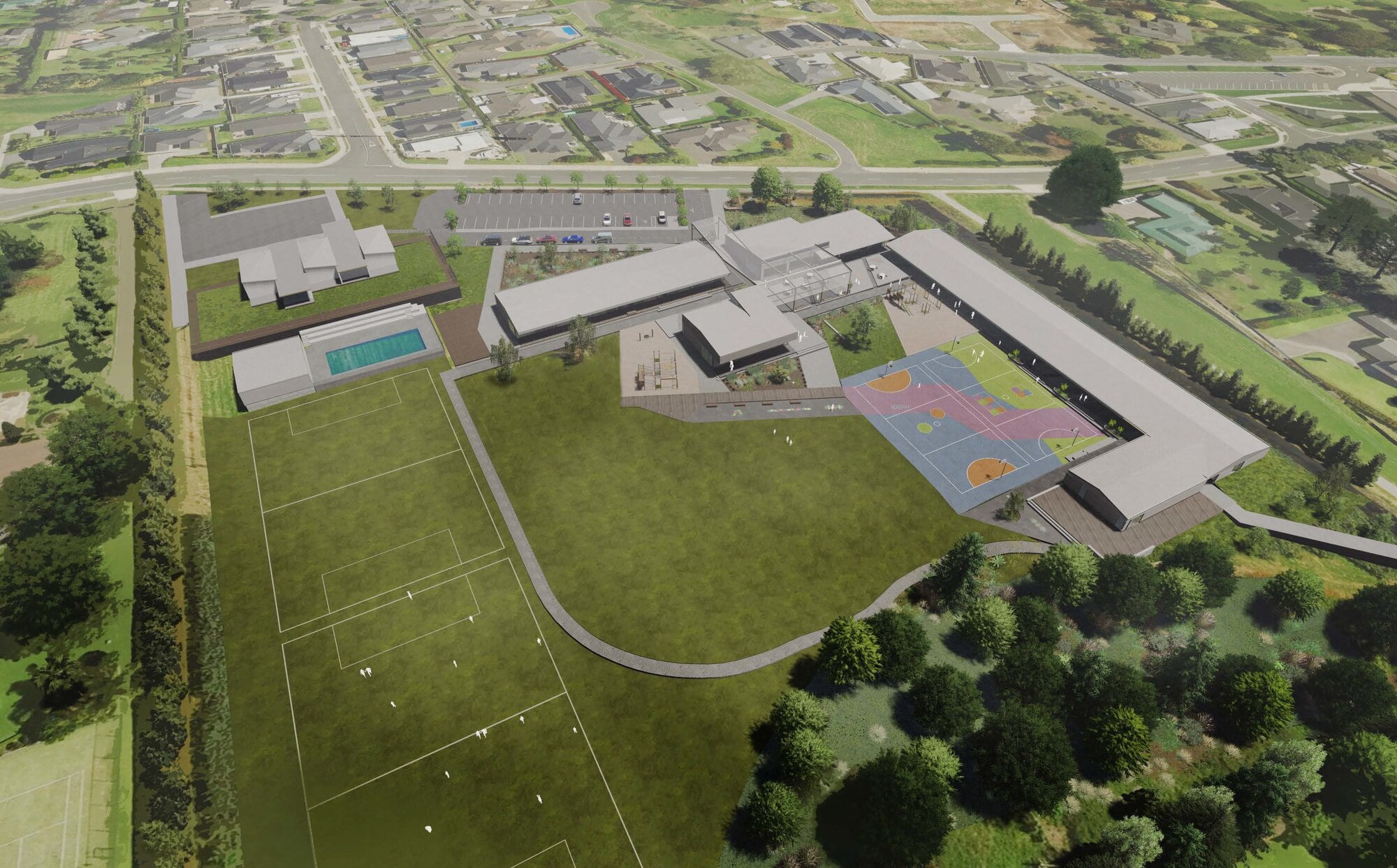  Image of the proposed Bethlehem College Ōmokoroa school. Image /CET