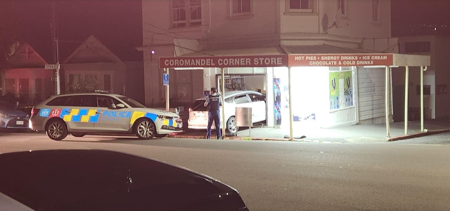 A car used for a ram raid at the Coromandel Corner Store in Newtown, Wellington became stuck in the dairy.