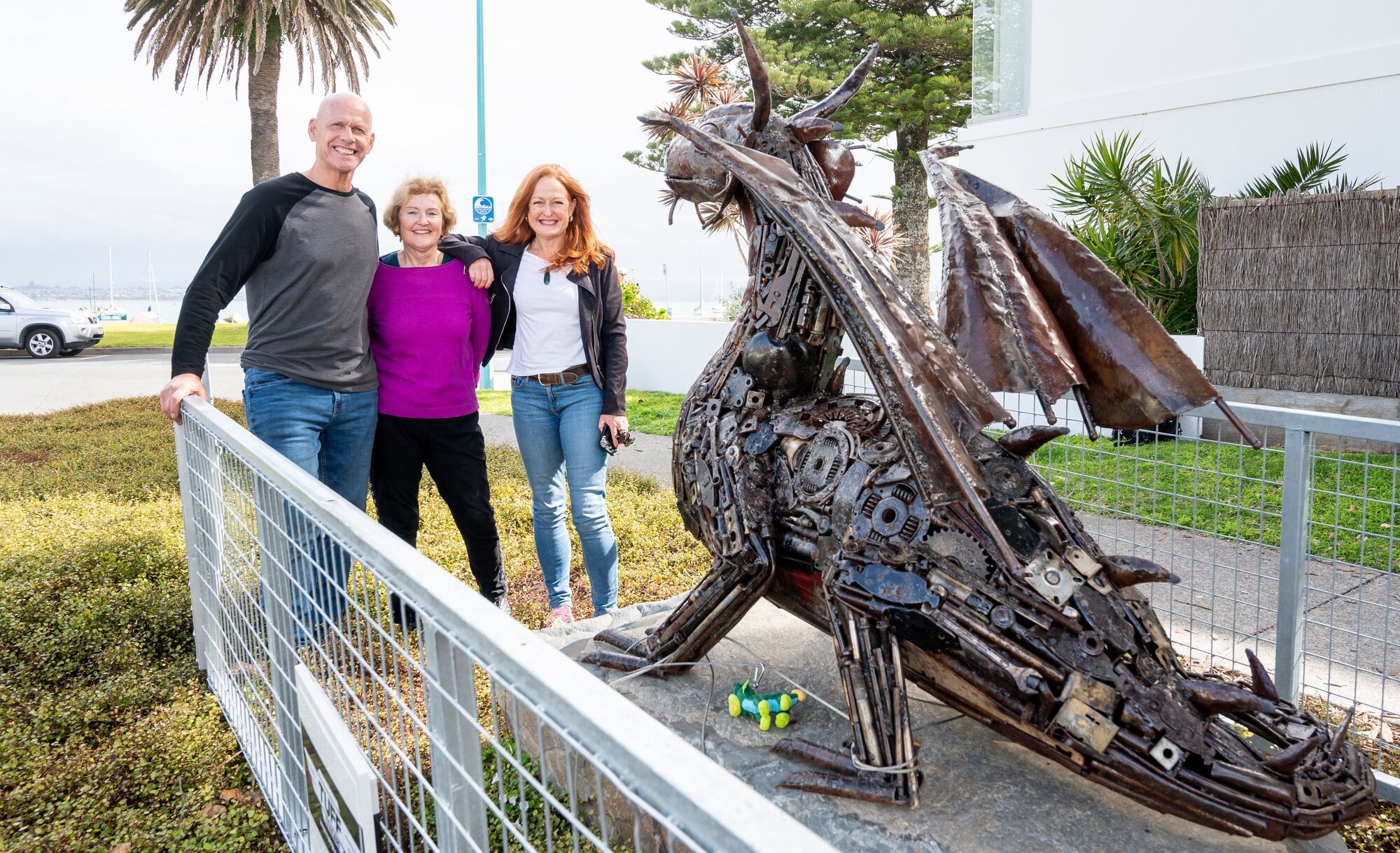 Graham and Carol Foote with Jen Scouler Graham and Carol Foote with Tauranga City Council Deputy Mayor Jen Scoular at the dragon sculpture in Commons Ave, Mount Maunganui.  Photo / Brydie Thompson.