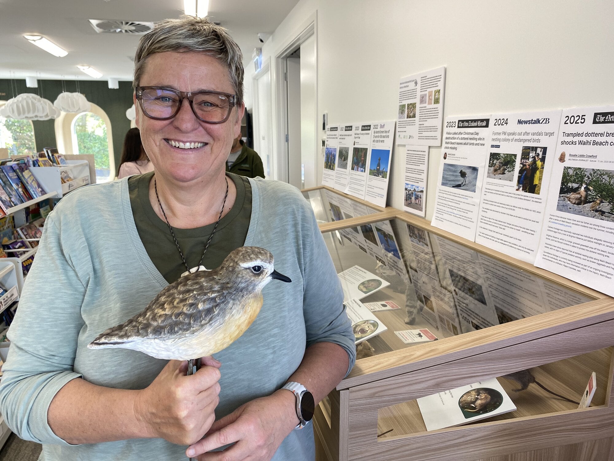 Dot Watch coordinator Pip Coombes with a dotterel model. Photo / Rosalie Liddle Crawford