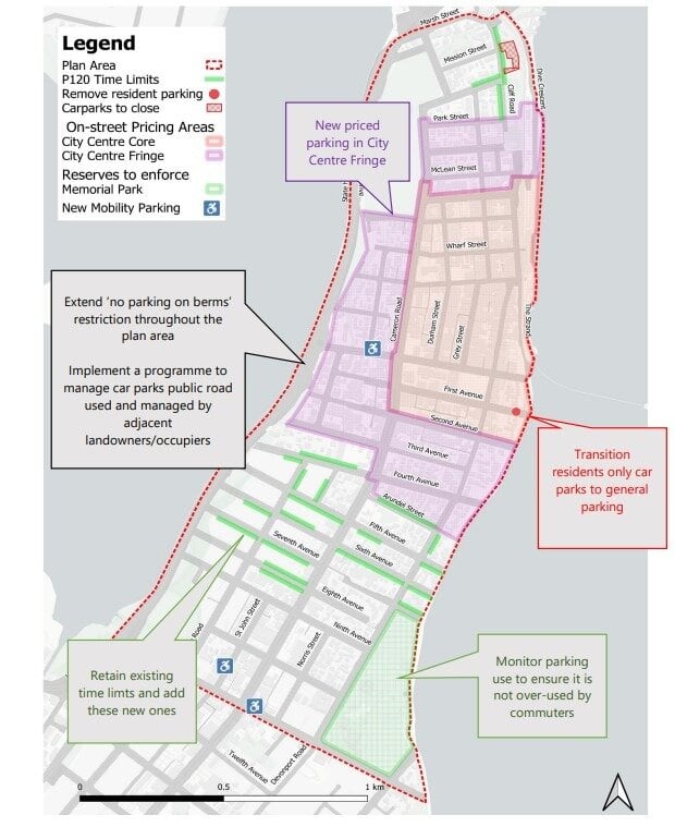 Recommendations for the Tauranga Central City Parking Management Plan. The purple area will have paid on-street parking. Image / Tauranga City Council
