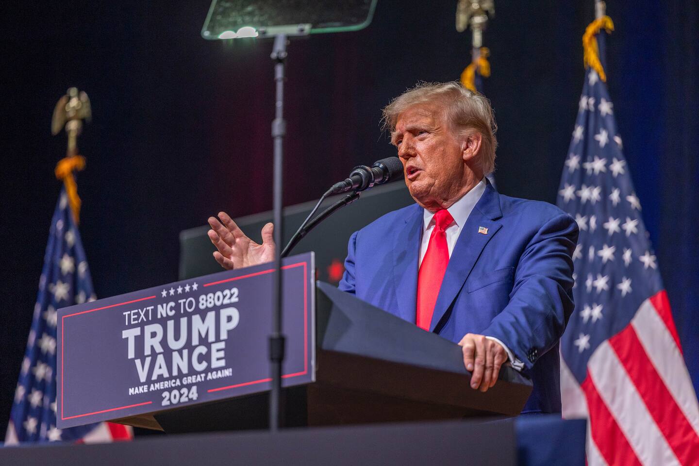 Republican presidential nominee former President Donald Trump speaks at a campaign event at Harrah's Cherokee Center on August 14. Photo / Getty Images