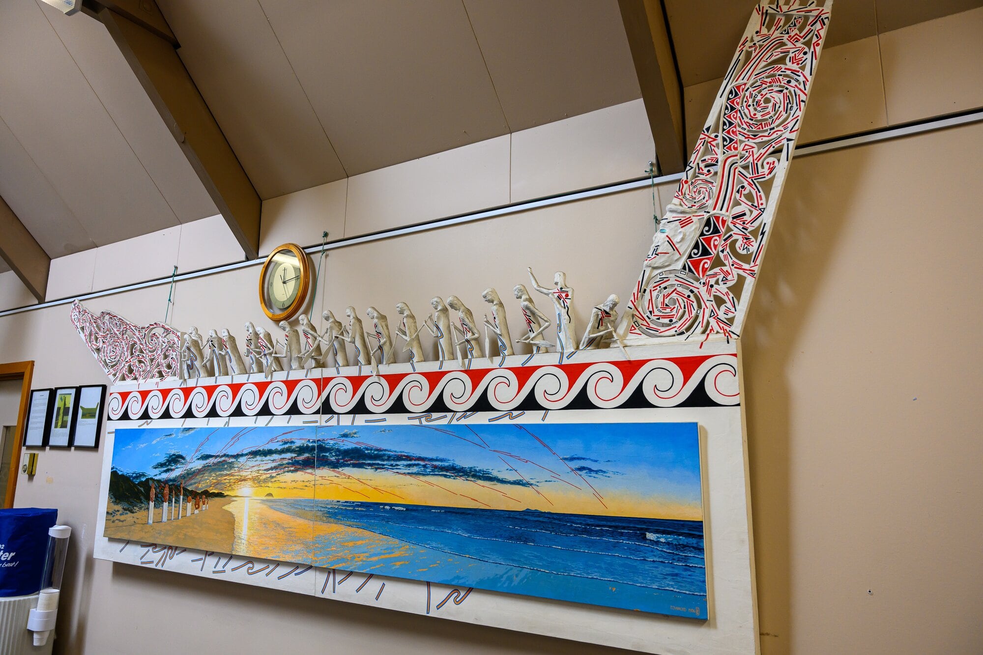 ‘Positive Spirit Lives’, a 1986 three-metre papier-mâché, acrylic and paua shell artwork by Peter Crammond in the foyer of the Hillier Centre. Photo/ David Hall.