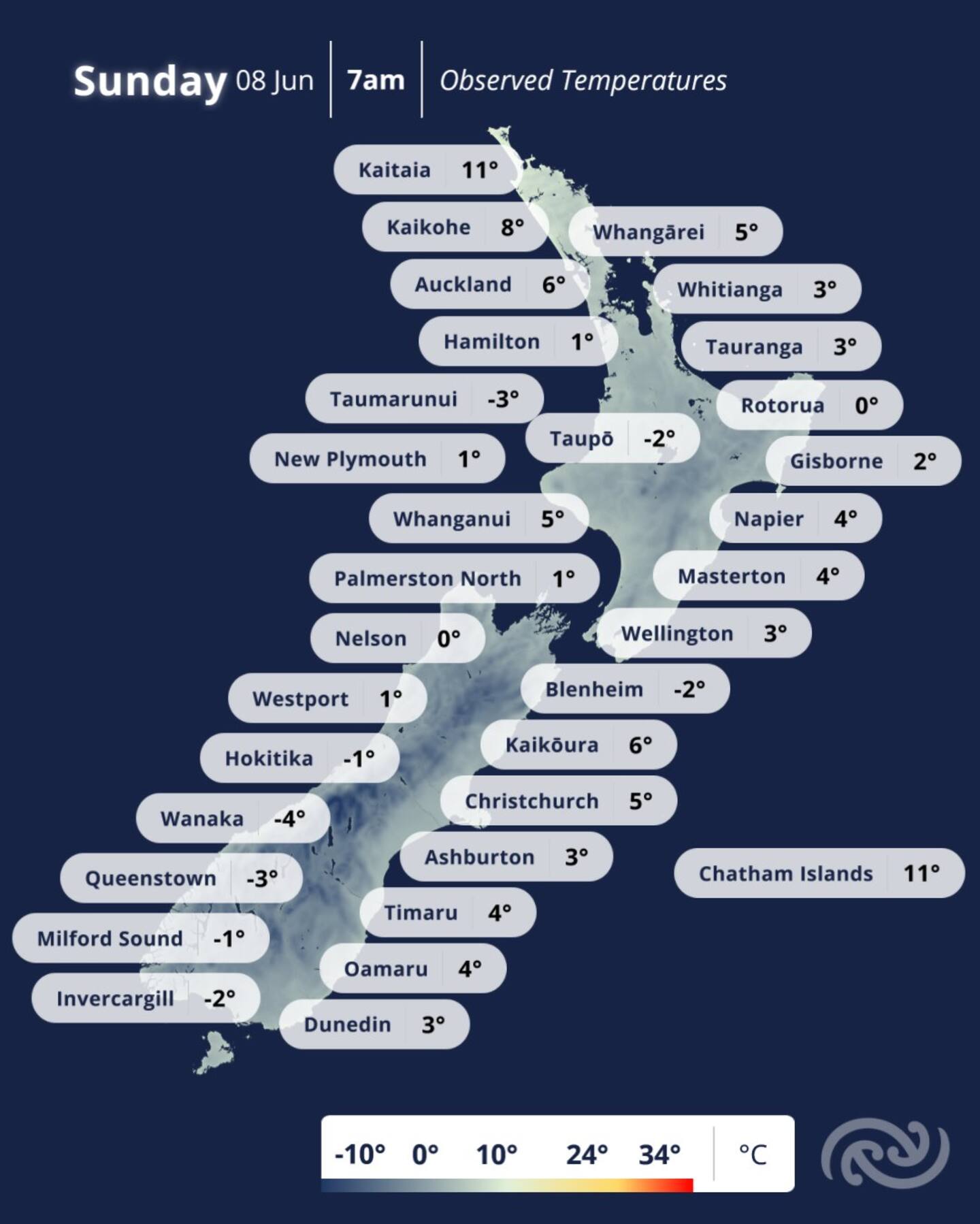 MetService's map shows just how cold it is around the country this morning. Photo / Supplied