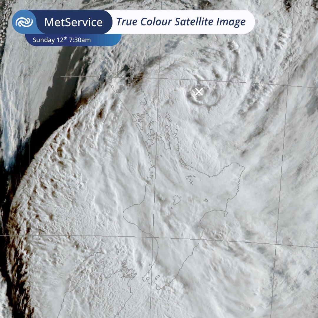 Satellite imagery showing the centre of Cyclone Vaianu (marked with a white x) visible to the northeast of the country and moving quickly south on Sunday April 12, 2026. Photo / MetService