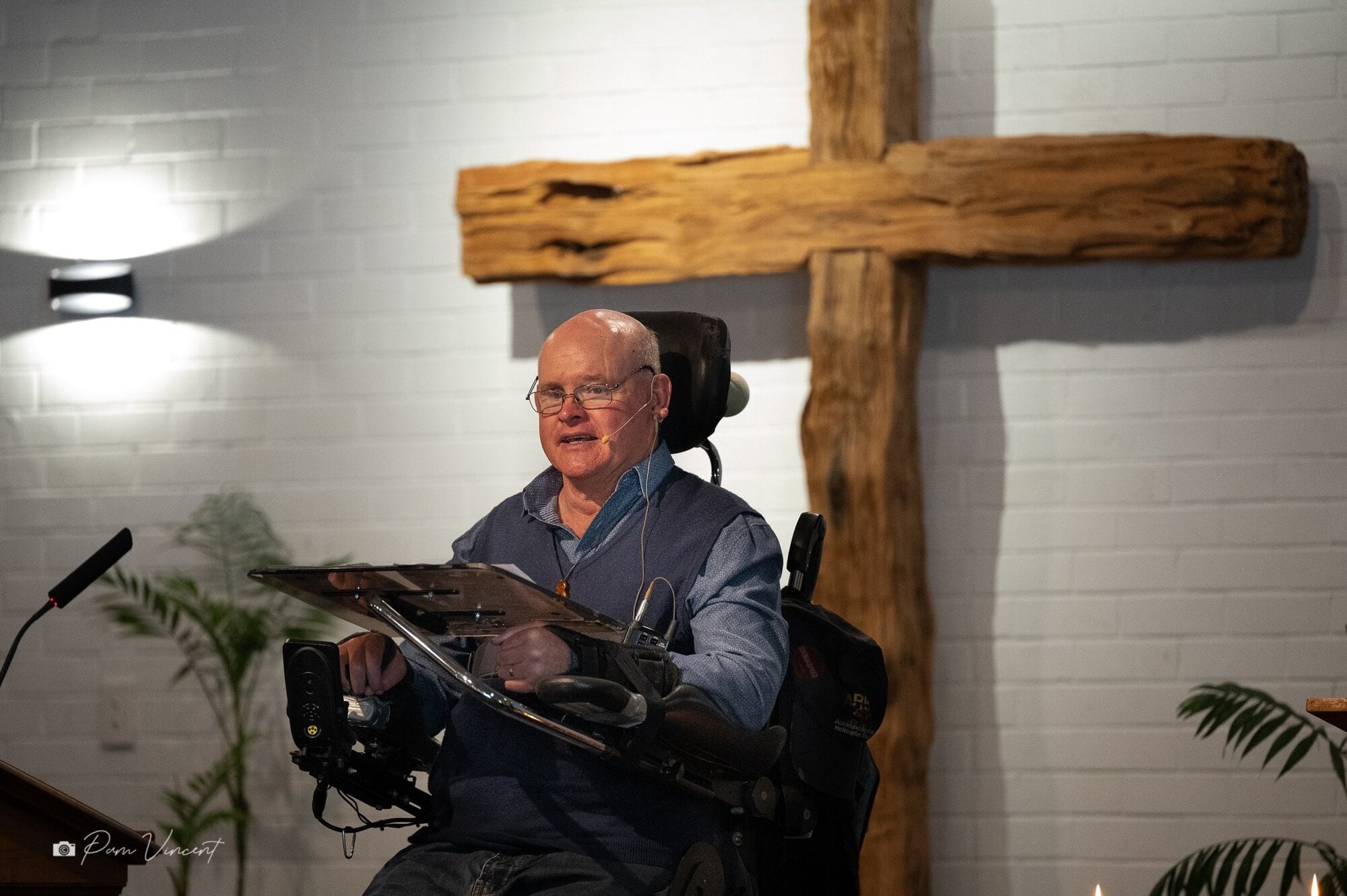  Timothy Lee speaking from his wheelchair. Photo / Supplied