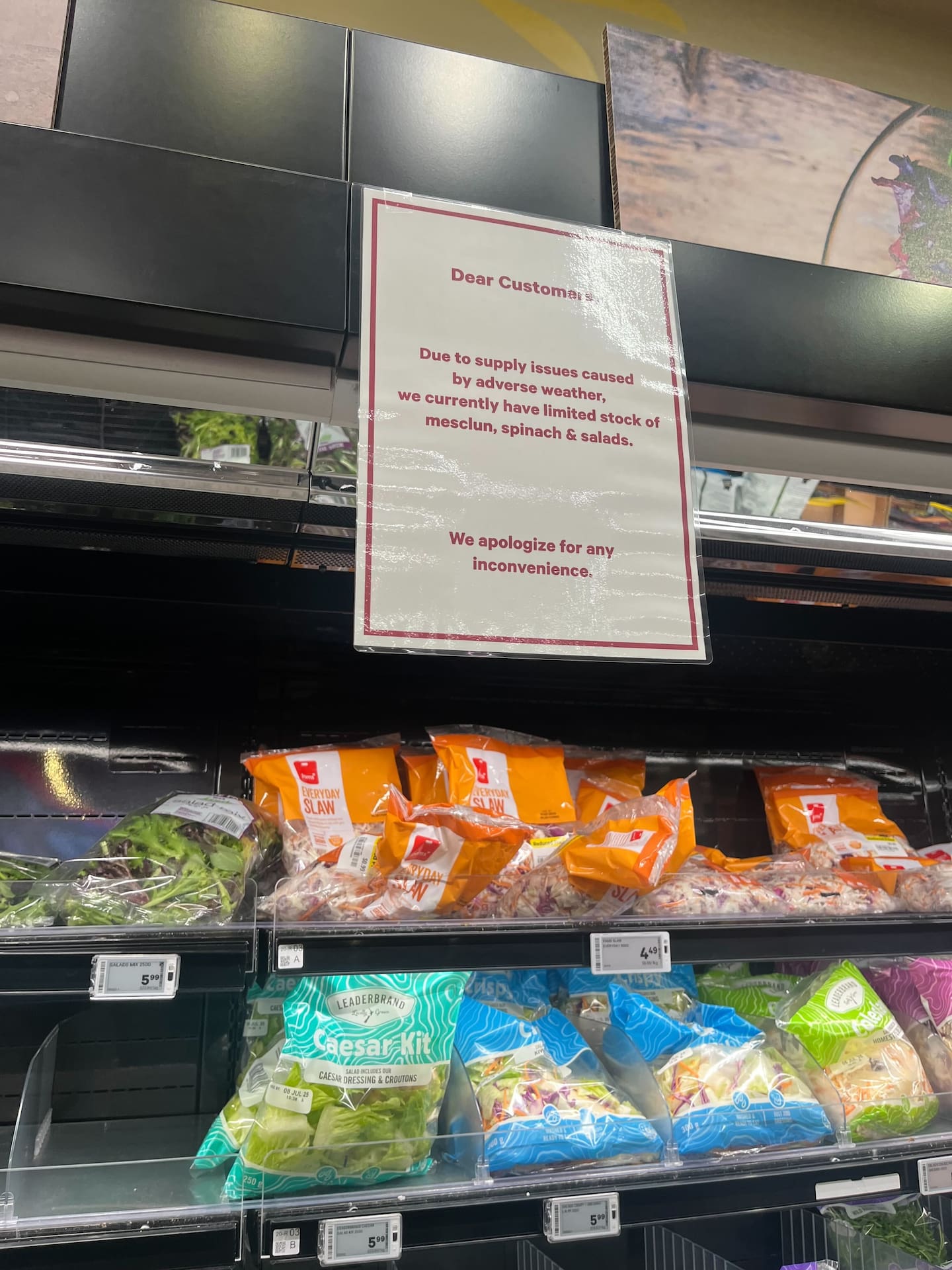 Shoppers at New World Thorndon encountered a "limited stock" of salad greens today "due to supply issues caused by adverse weather".