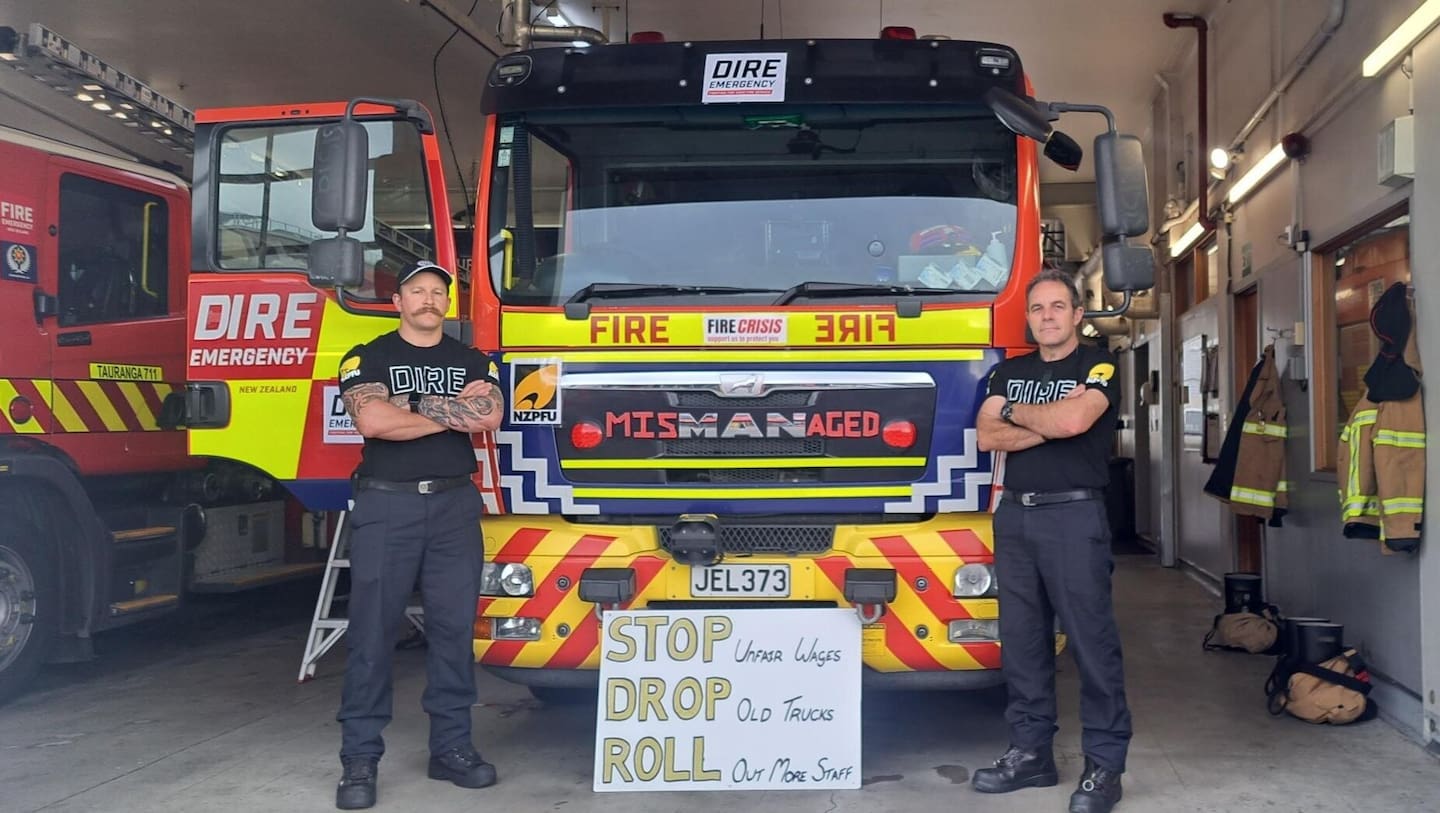 Tauranga Senior Firefighter Steven Opie (left) and Senior Station Officer Curtis van Heyden, along with other career firefighters, are taking industrial action for better pay, staffing, and operational resources. Photo / Sandra Conchie