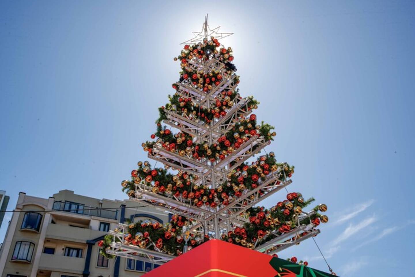 Wellington's $8000 Christmas "truss tree" is made from a lighting truss to celebrate nearby theatres and venues. Photo / Mark Mitchell