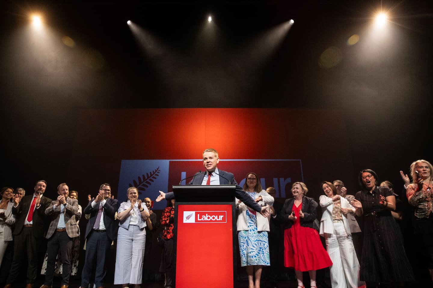 Leader Chris Hipkins speaks to Labour Party members at his party’s annual conference in Christchurch last year. Photo / George Heard