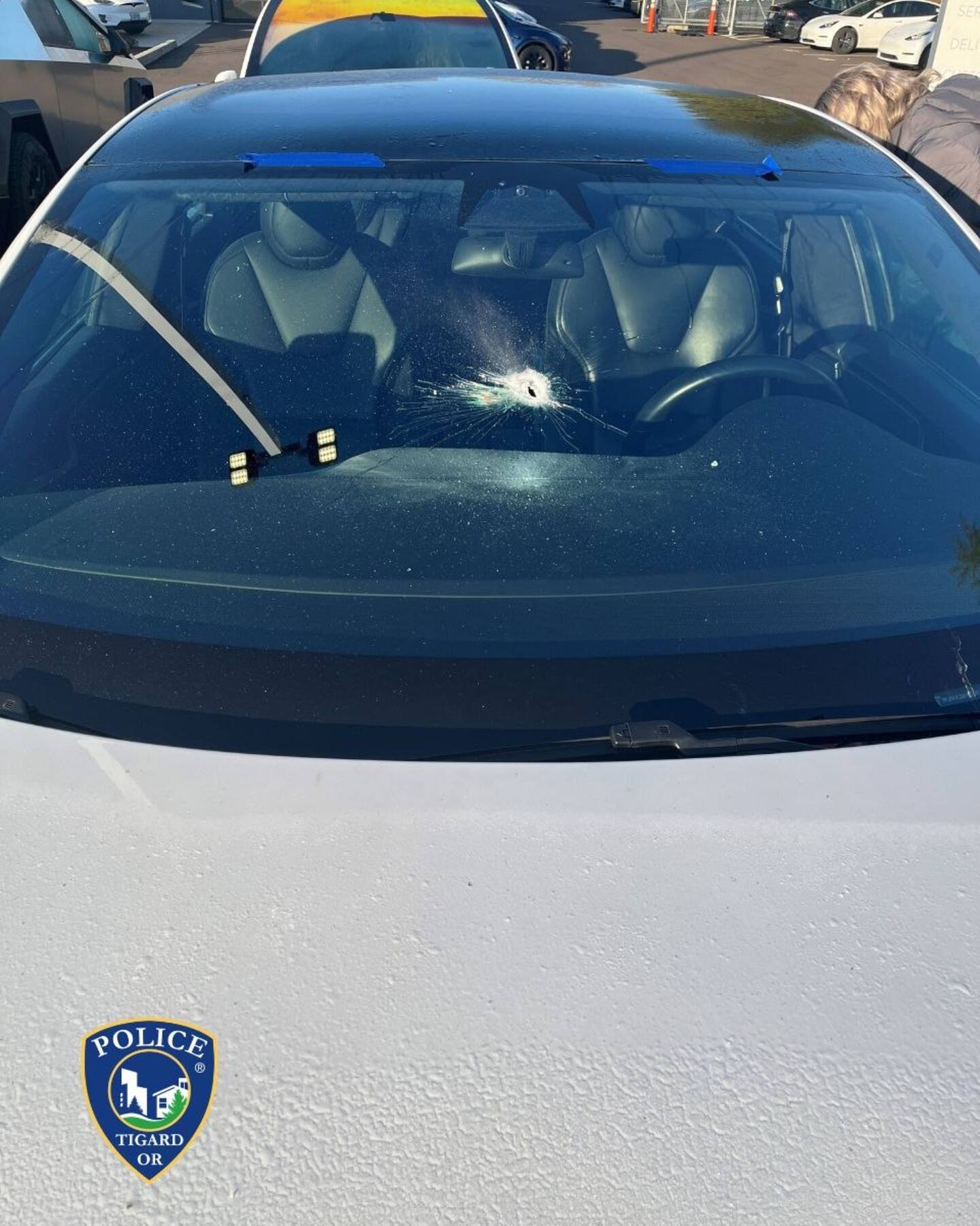 A bullet hole through a Tesla windshield at the dealership in Tigard. Photo / Tigard Police Department