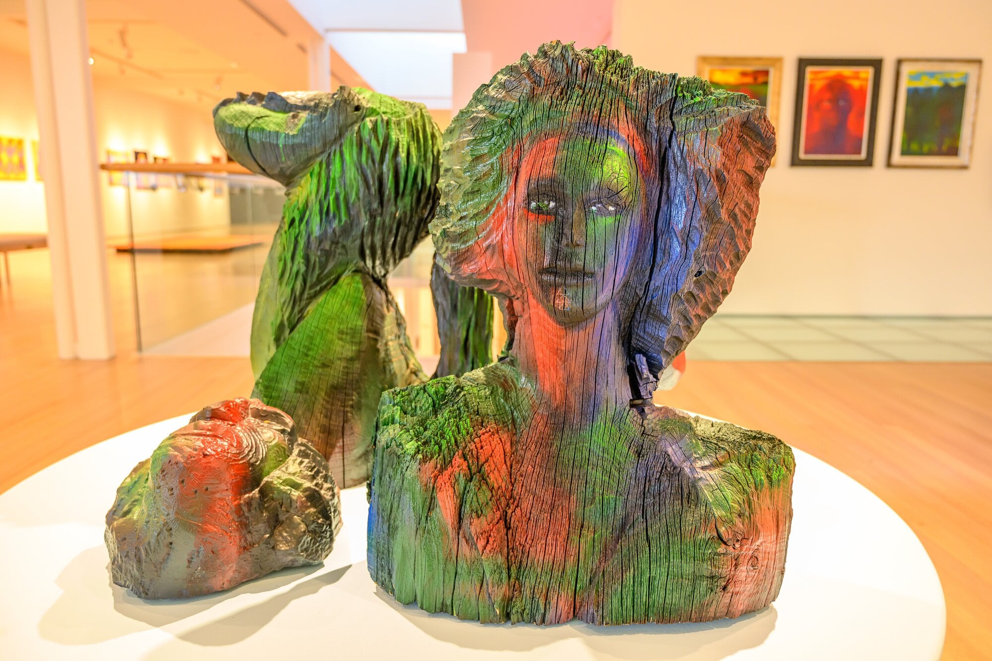 Acrylic on wood sculptures by Darcy Nicholas in his ‘‘Land of My Ancestors’ exhibition which spans nearly six decades of practice. Photo / David Hall
