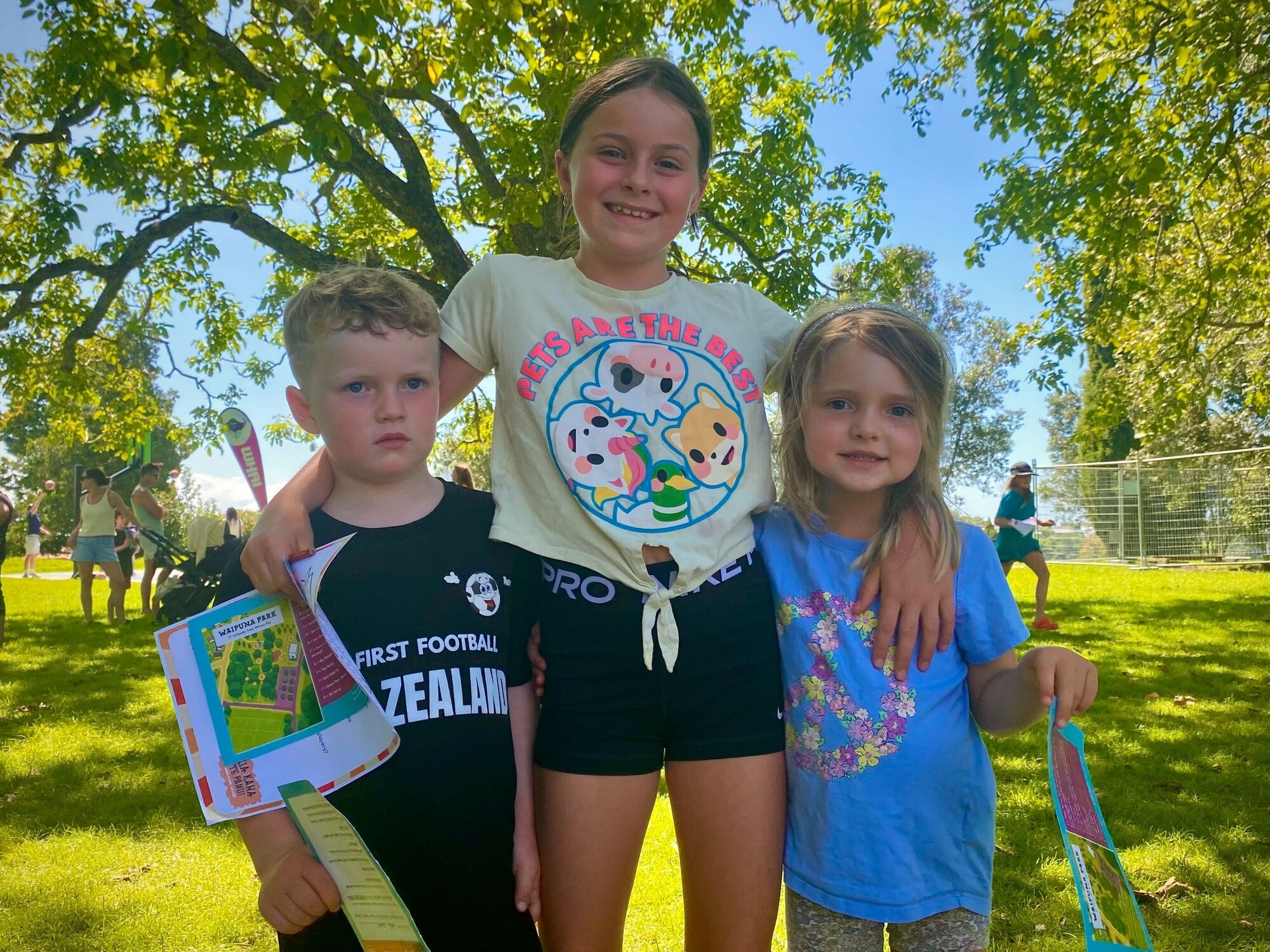  Wolfe Slater, 5, Summer Slater, 9, and Scarlett Slater, 5 at the celebration at Waipuna Park. Photo / Rosalie Liddle Crawford