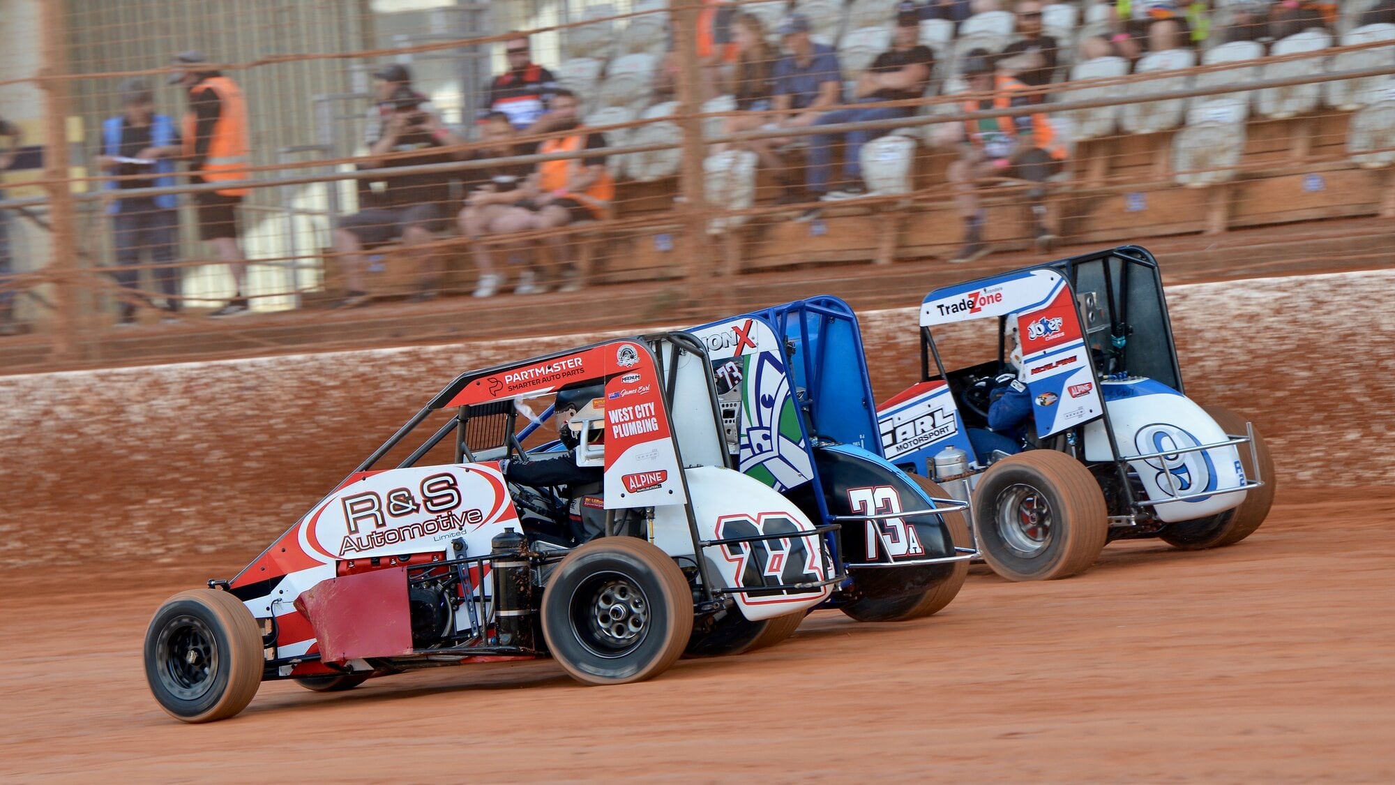 Formula 2 midget cars are back in action at Baypark Speedway this weekend with a field that includes regular pace-setter James Earl (front).