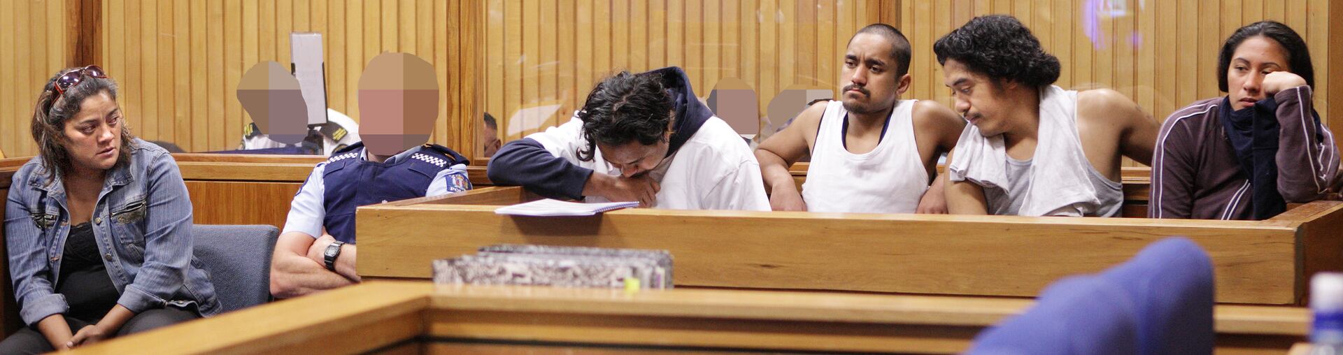 Appearing in court (from left) are Lisa Kuka, (a police officer guarding the offenders), Michael Curtis, Michael Pearson, Wiremu Curtis and Oriwa Kemp. Photo / File