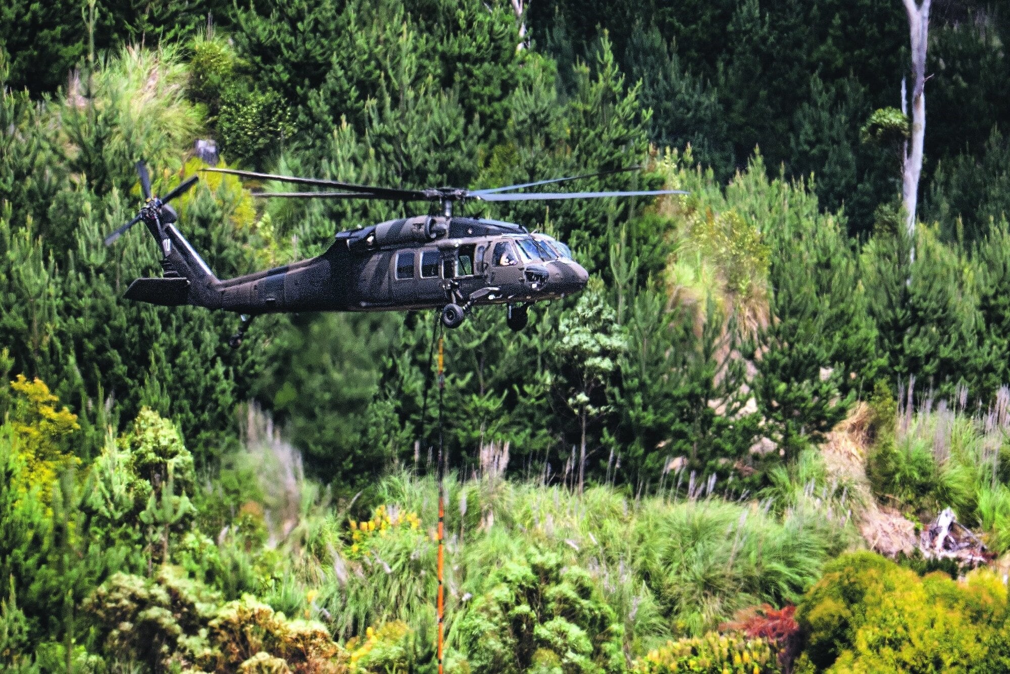  Kāhu Helicopters' Black Hawk at work heli-logging on a steep Whakatāne District Council forestry block. Photo / Troy Baker