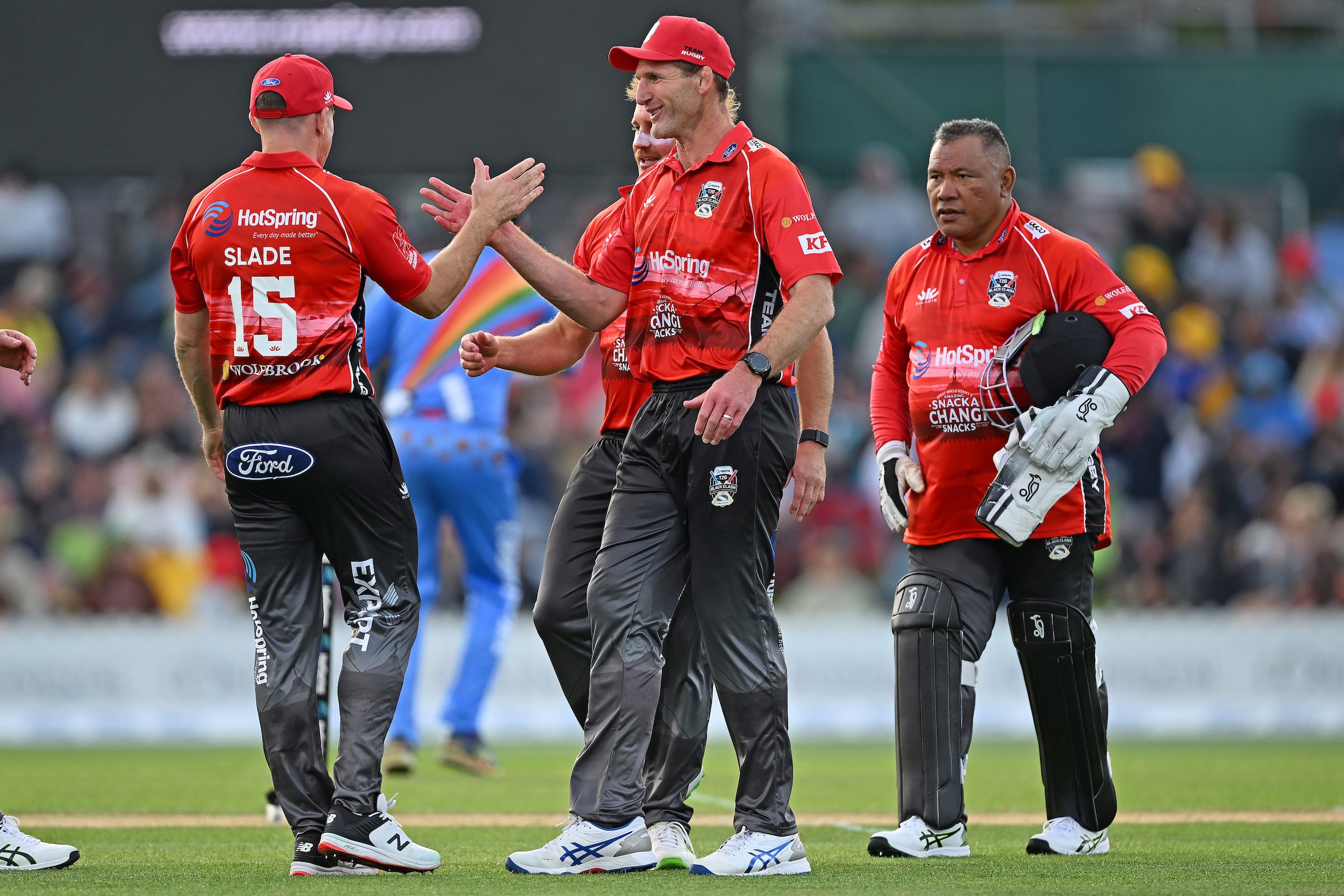 Team Rugby's Colin Slade and Kieran Read celebrating a wicket at the 2025 Black Clash. Photo / Photosport