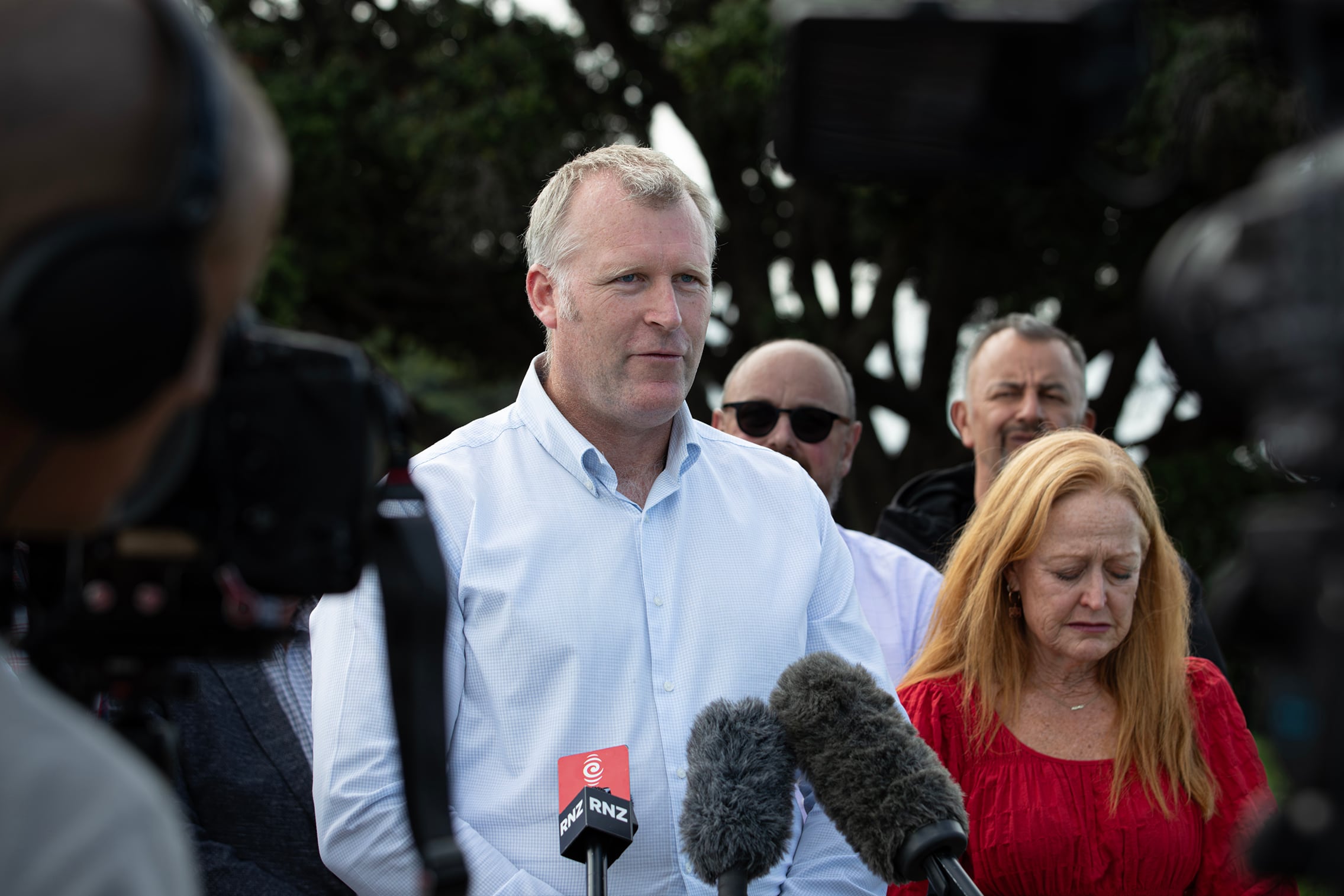 Tauranga Mayor Mah&eacute; Drysdale next to deputy mayor Jen Scoular at one of the media stand-ups after the slip. Photo / Hayden Woodward.