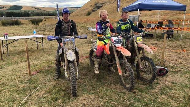 Whanganui's Seth Reardon parks up after an epic battle with NZ X-country series leader Jason Dickey (58) and Sunday's third placegetter Brandon Given (5). 