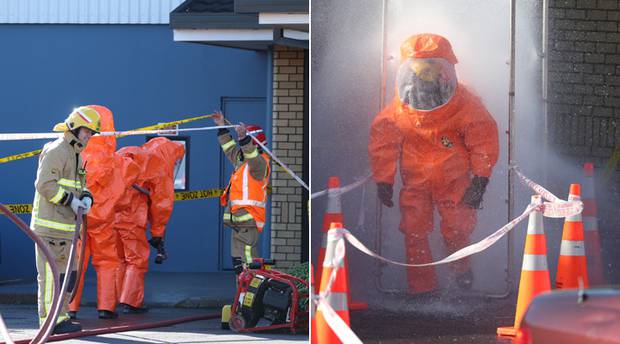 Fire services at the scene on a chemical fire at Te Pai Place in Henderson. Photos / Jason Oxenham